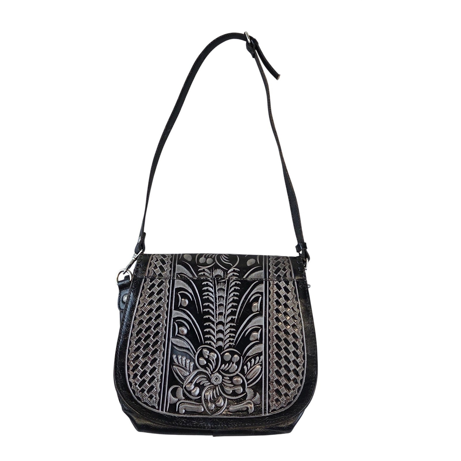 Patricia Nash Leather Crossbody Saddle Bag Embossed Silver Floral Boho Western