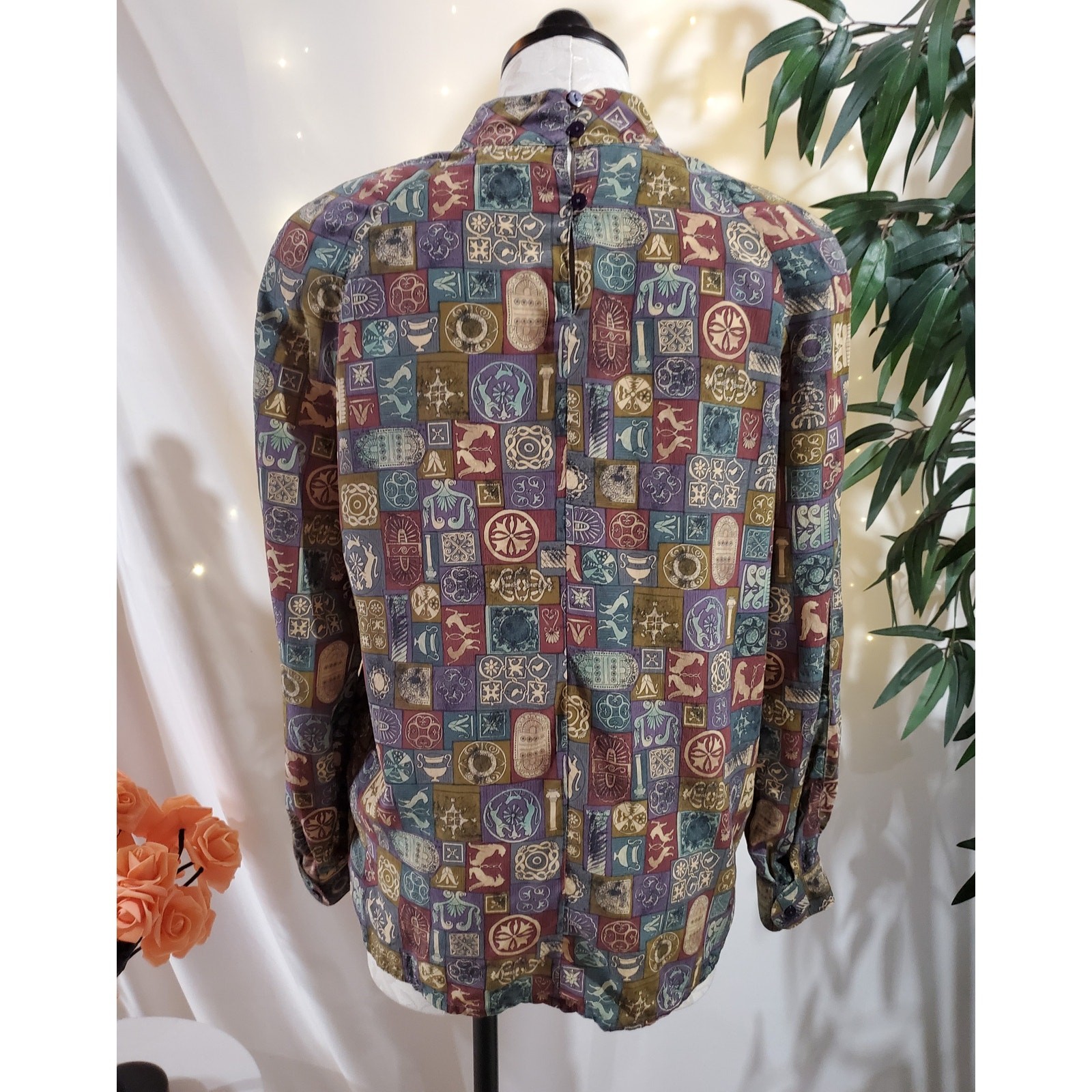 Silks VTG 80s 90s Egyptian Hieroglyph Long Sleeve Mock Blouse Womens Size M Top