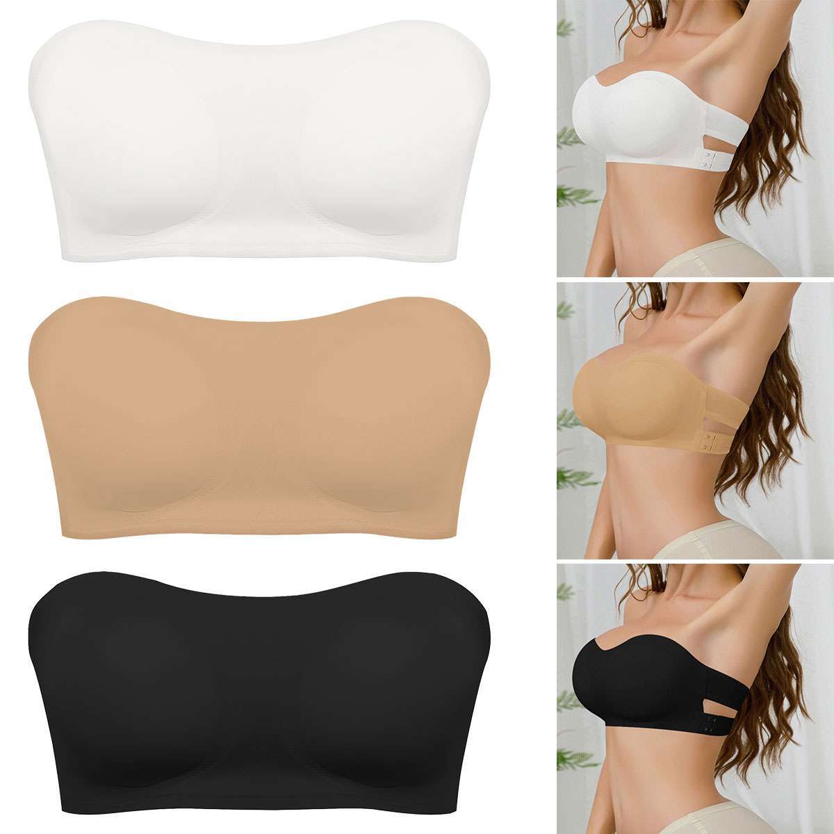 Women Strapless Padded Bra Tube Top Seamless Bandeau Bralette Stretch Underwear