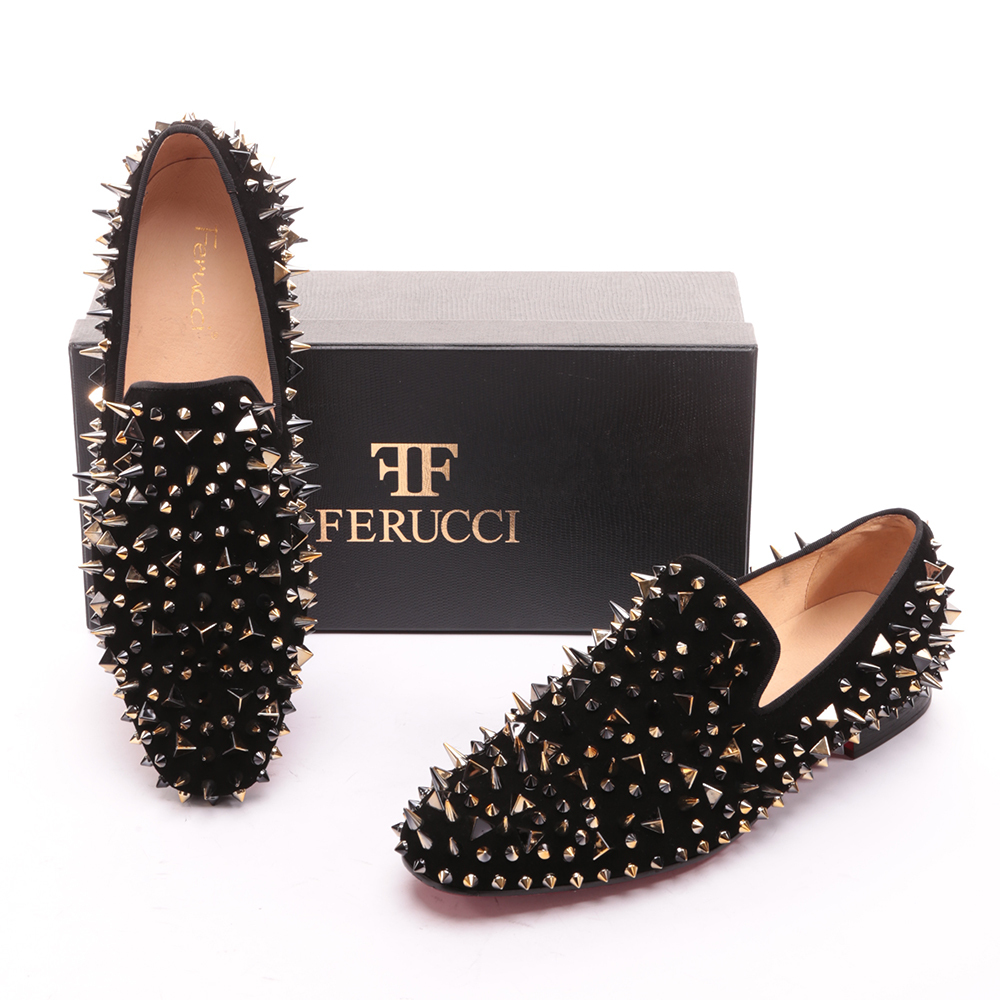 Men FERUCCI Black Velvet Slippers Loafers Flat Gold Spikes Rivet Wedding Prom