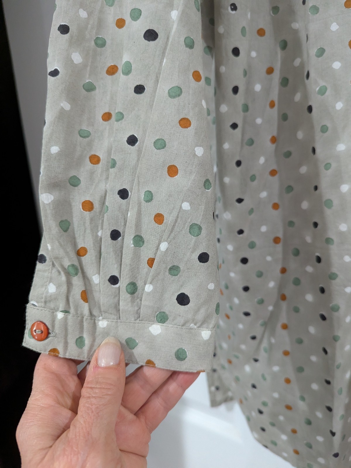 Gudrun sjoden gray taupe dot button down cotton tunic blouse top size XS