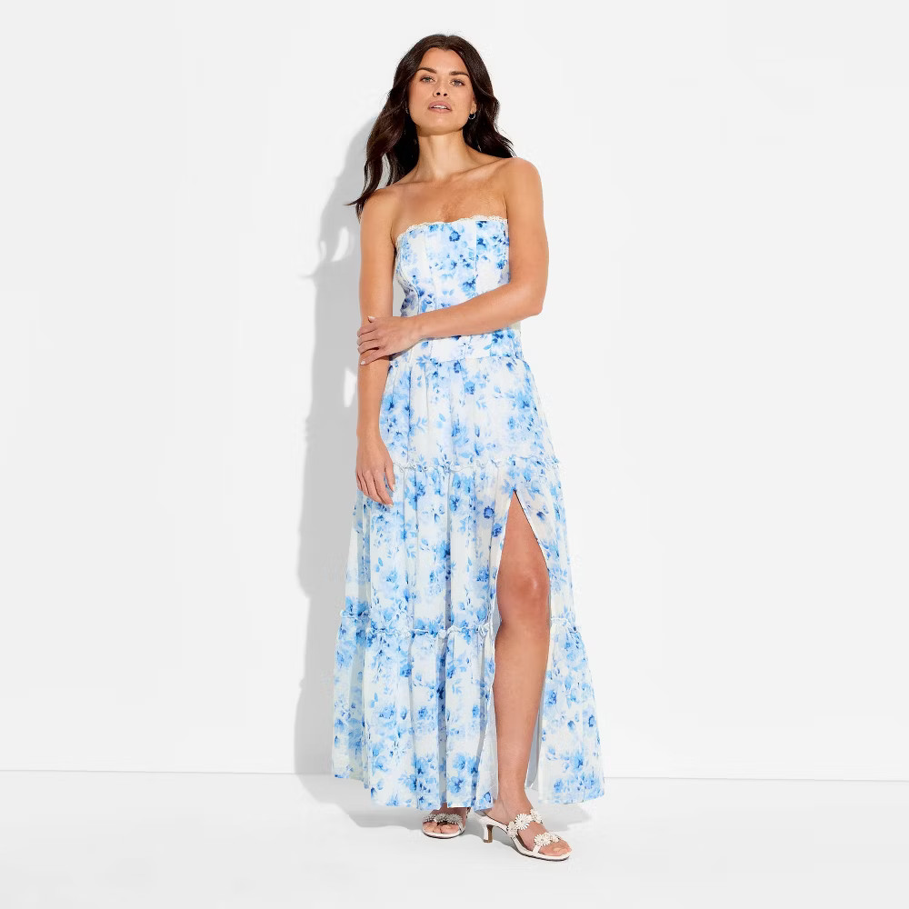 Women Strapless Tiered Corset Maxi Dress – Wild Fable White Floral M