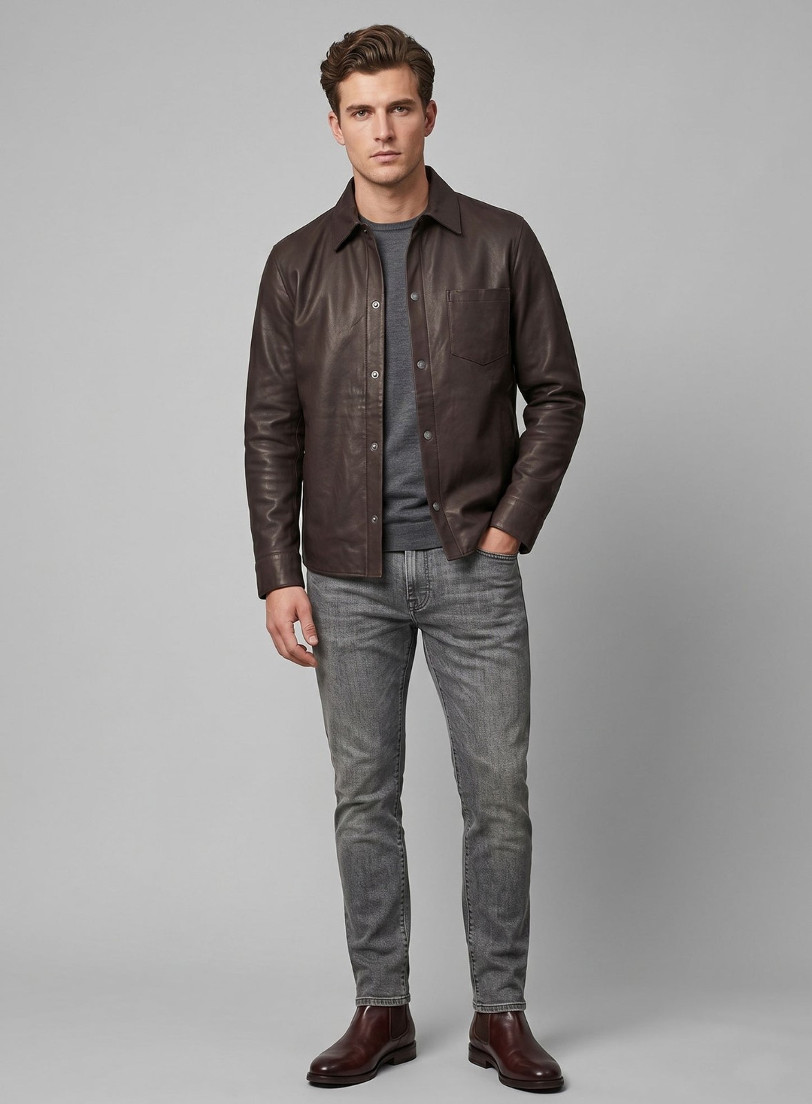 Mens Dark Blue Suede Leather Shirt Jacket Casual Shacket Slim Fit Overshirt New