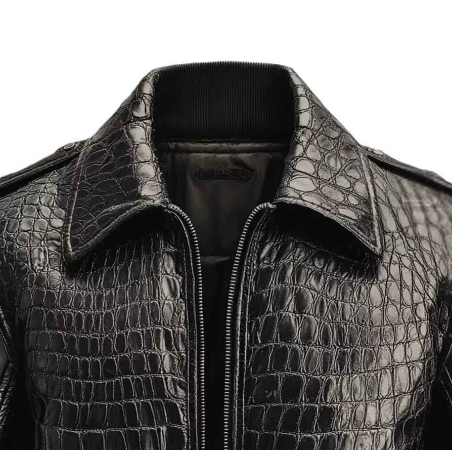 Men’s Black Real Leather Crocodile Embossed Luxury Alligator Print Bomber Jacket