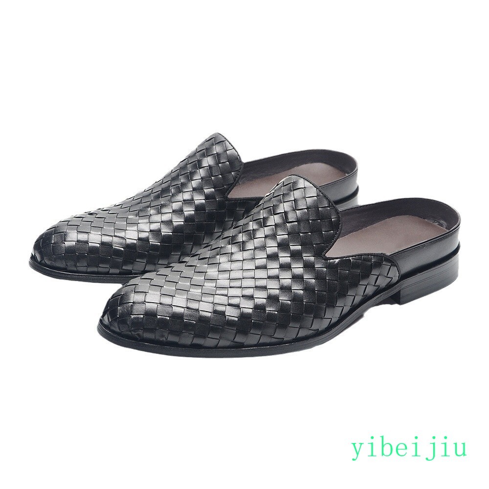 2026 Mens Real Leather Weave Woven Slipper Dress Slide Shoes Slip On Sandals Man