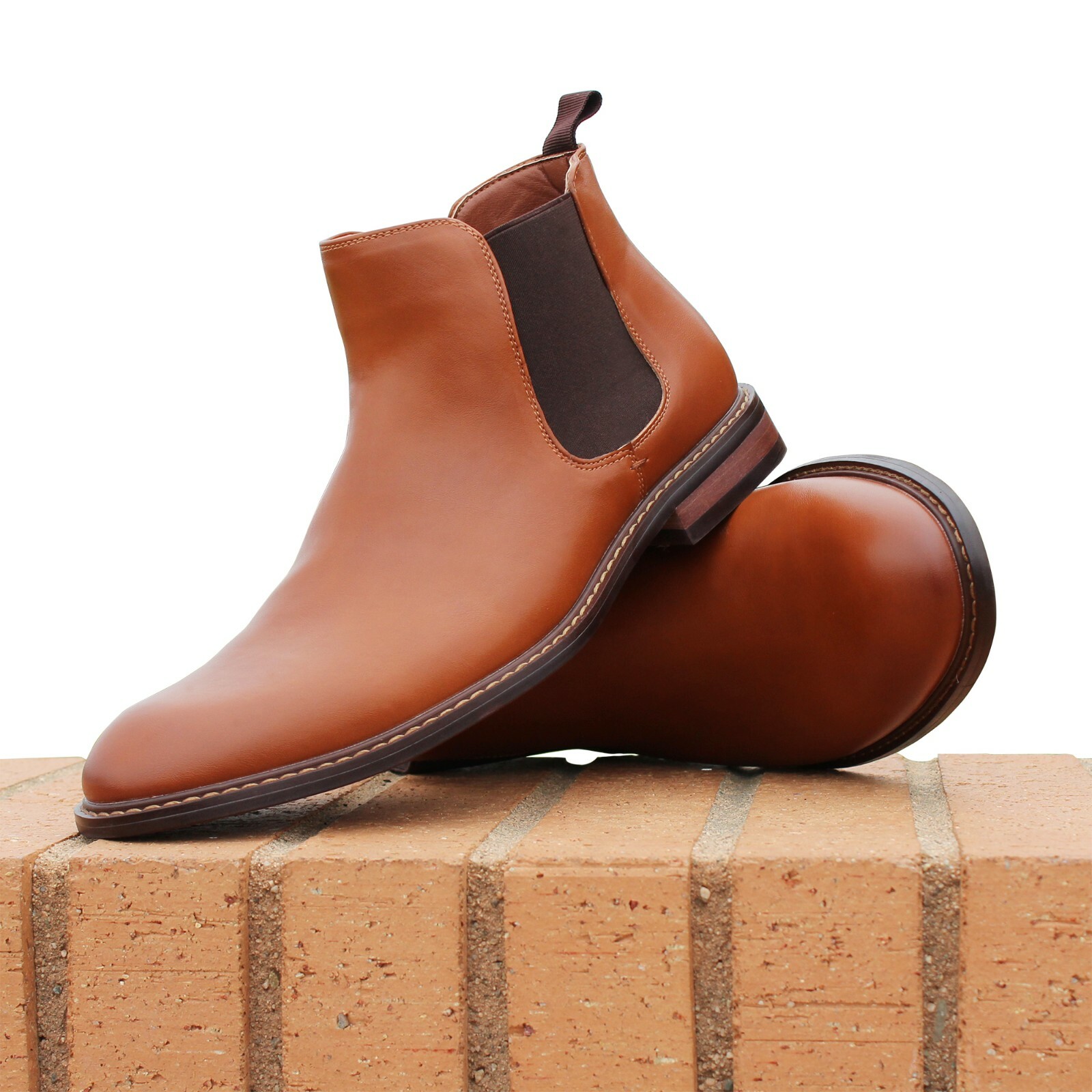 Polar Fox Men’s Chelsea Leather Ankle Boots Slip-on Mid-Top Black Dress Shoes