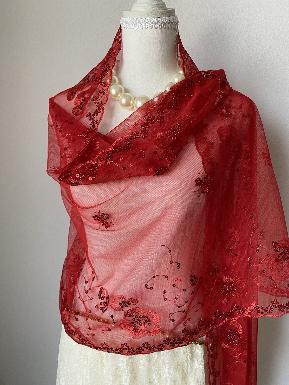 Red Mesh Sheer Shawl Floral Embroidered Sequin Fringe Women’s Scarf Whimsical
