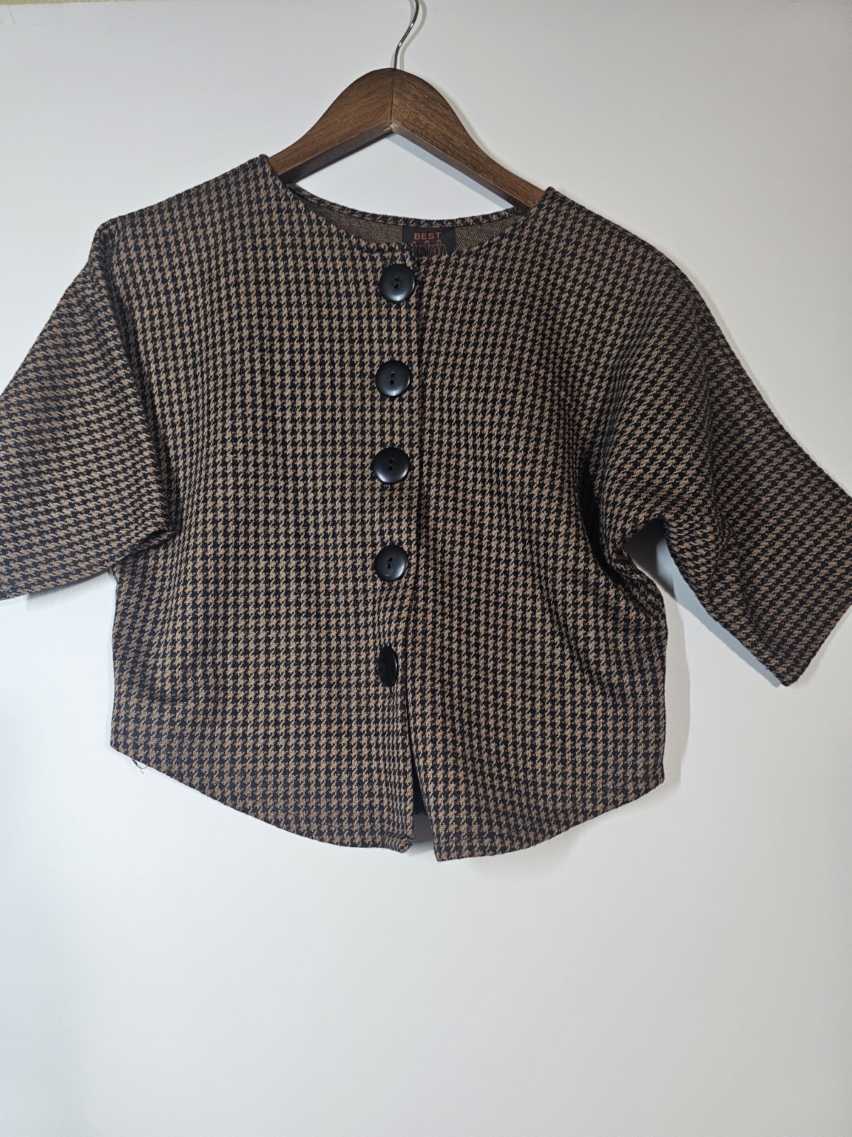 VTG 80s 90s FRIENDS Crop Houndstooth Jacket Knit Top Made in USA Small