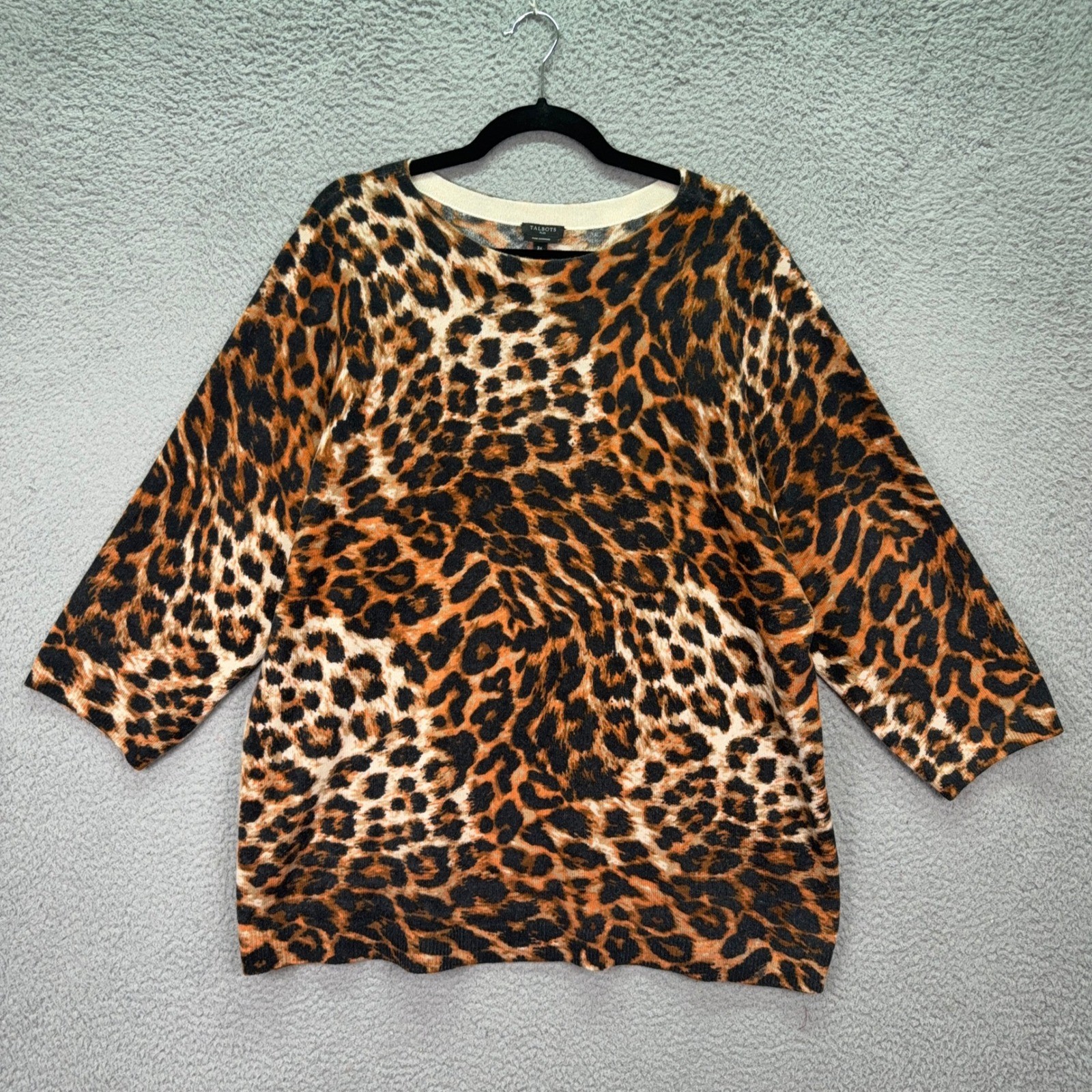 Talbots Sweater Womens 3X Brown Leopard Print Pure Cashmere Pullover