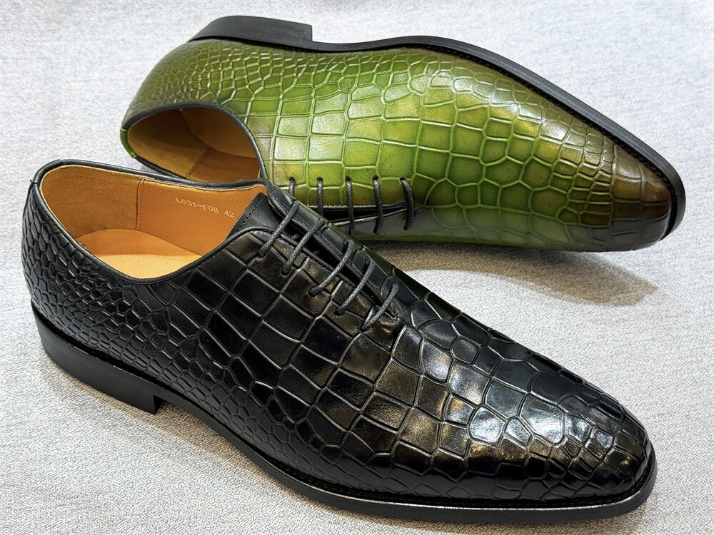 Men’s Business Alligator Crocodile Pattern Leather Lace Up Shoes Crack Vintage