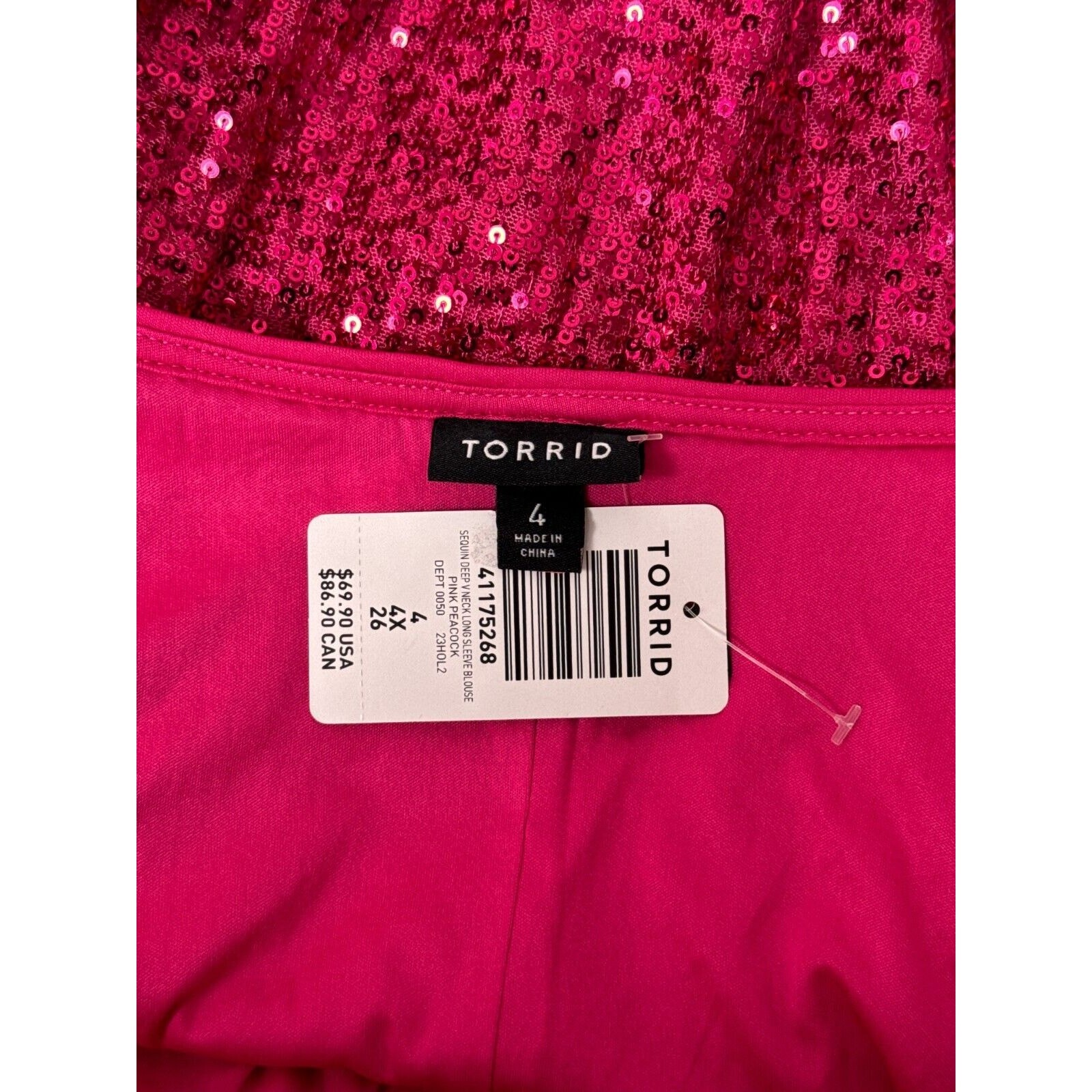 New Torrid Top 4X Womens Pink Sequin Low Cut Long Sleeve Plus Size