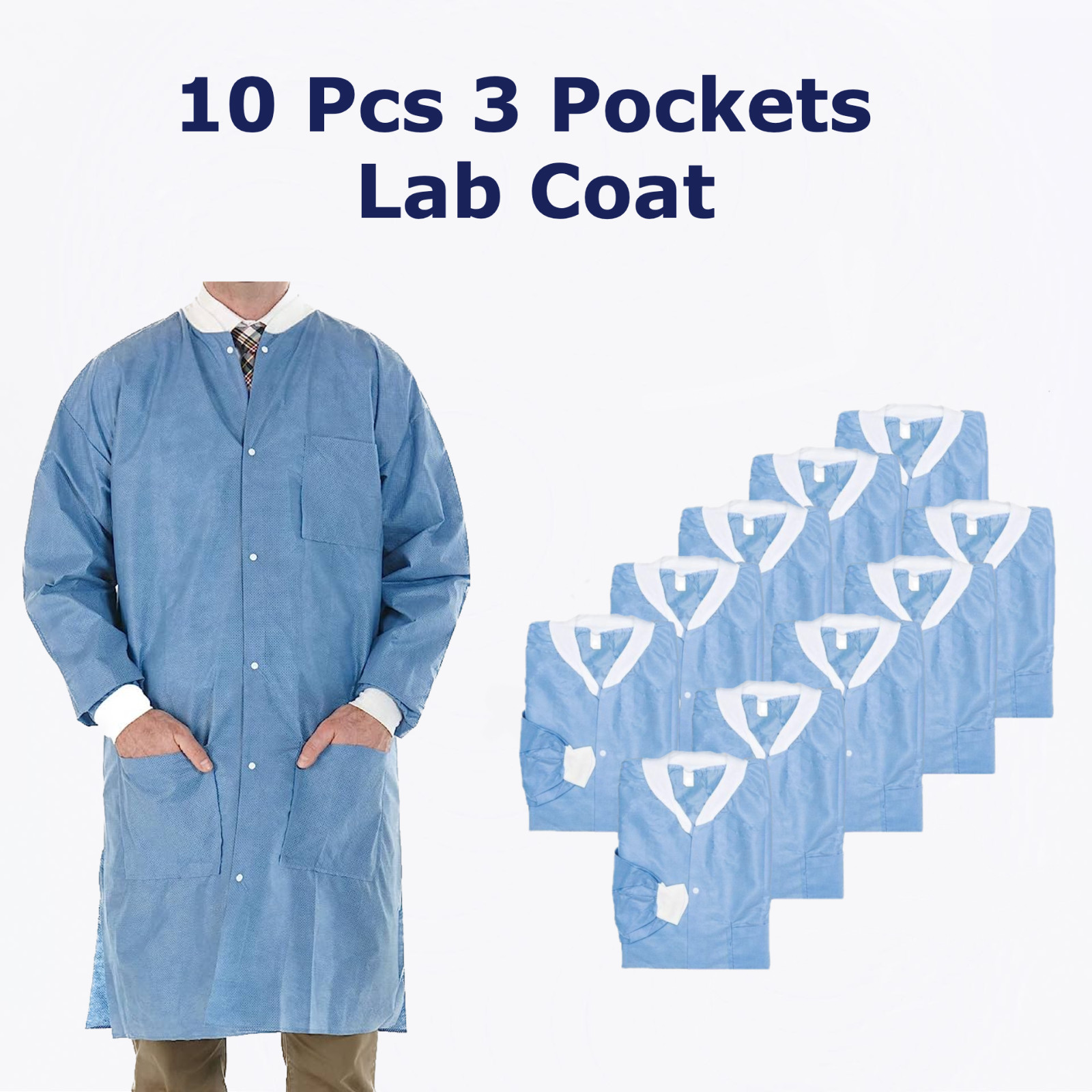 10 Pcs Medical Dental Disposable Lab Coat Gown 3 Pockets Blue S, M, L, XL