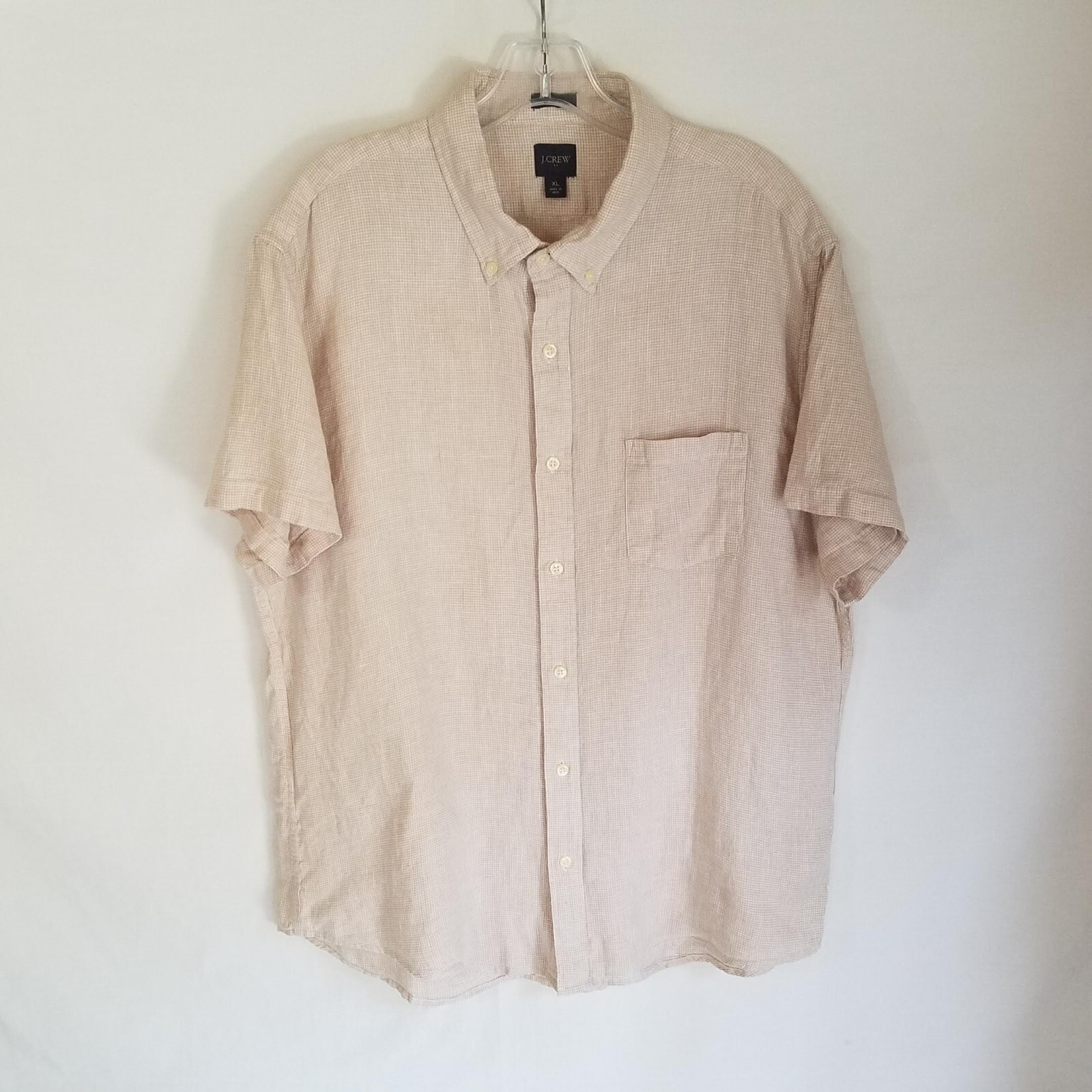 J Crew Mens Beige White Plaid Button Front Short Sleeve SLIM Shirt Size XL
