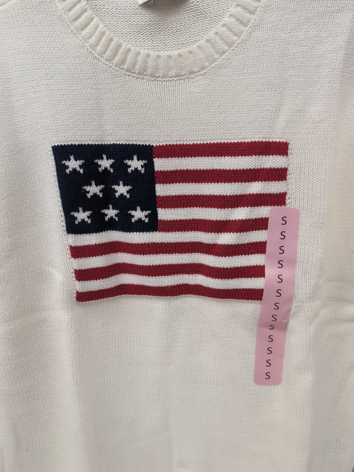 Wmns Mighty Fine Midweight Crew Neck Americana Sweater Cream Flag Sz SM