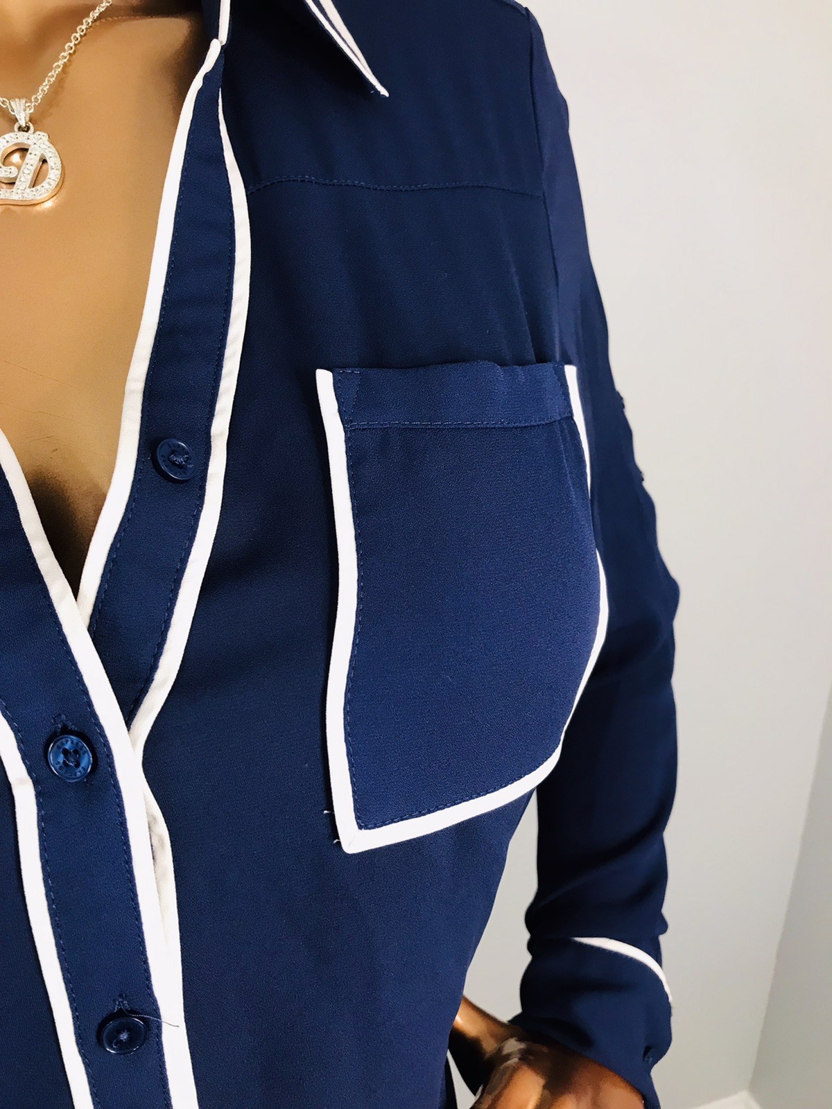 Express Portofino S Top Navy White Logo Button Up Shirt Long Sleeves Low Cut