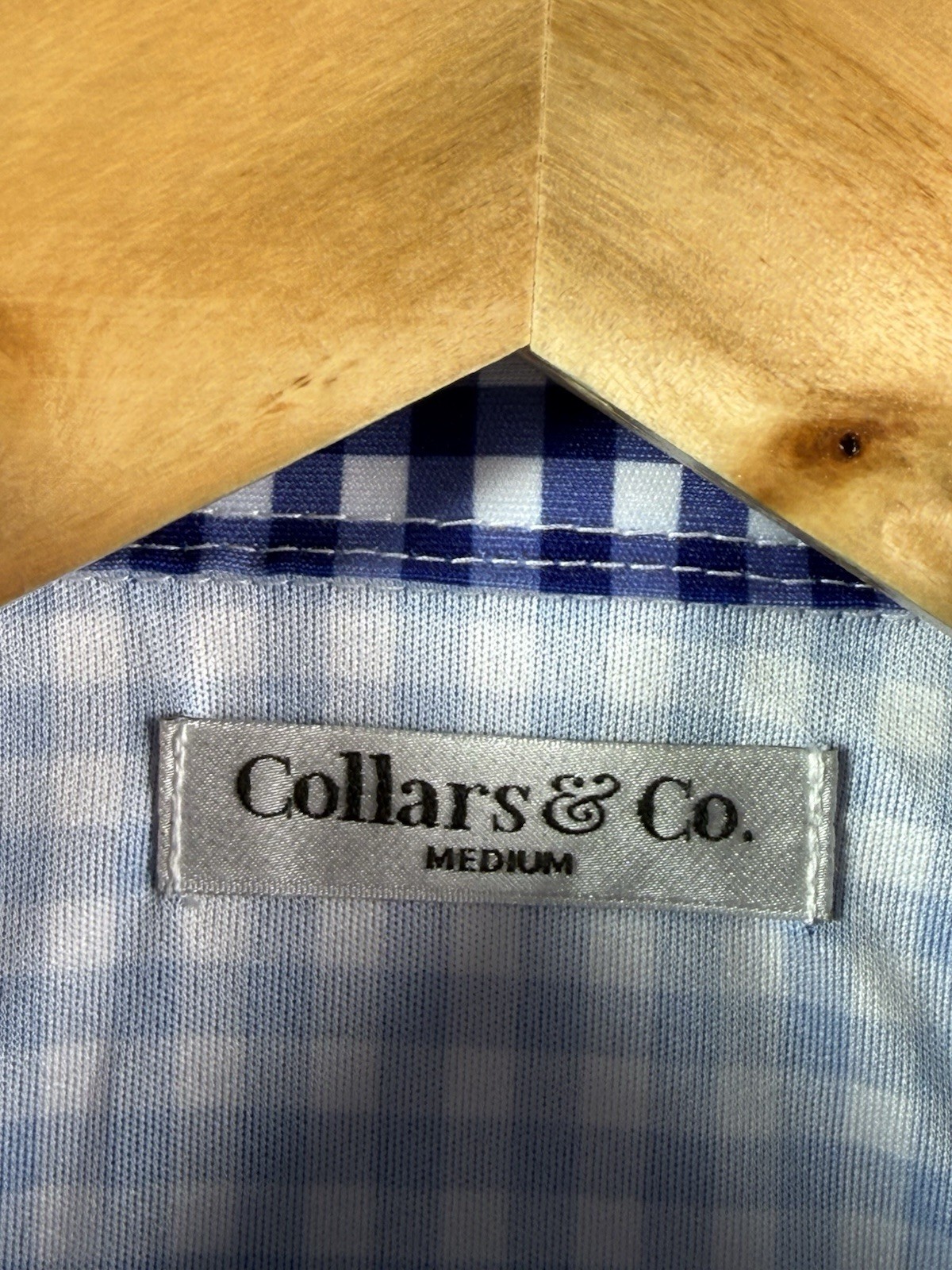 Collars & Co Blue & White Gingham Plaid Dress Collar Polo Shirt Medium NEW