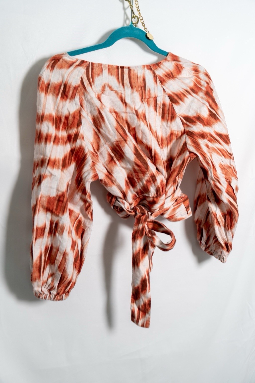 Banana Republic Women’s M White Orange Abstract Wrap Tie V-Neck 3/4 Puff Blouse