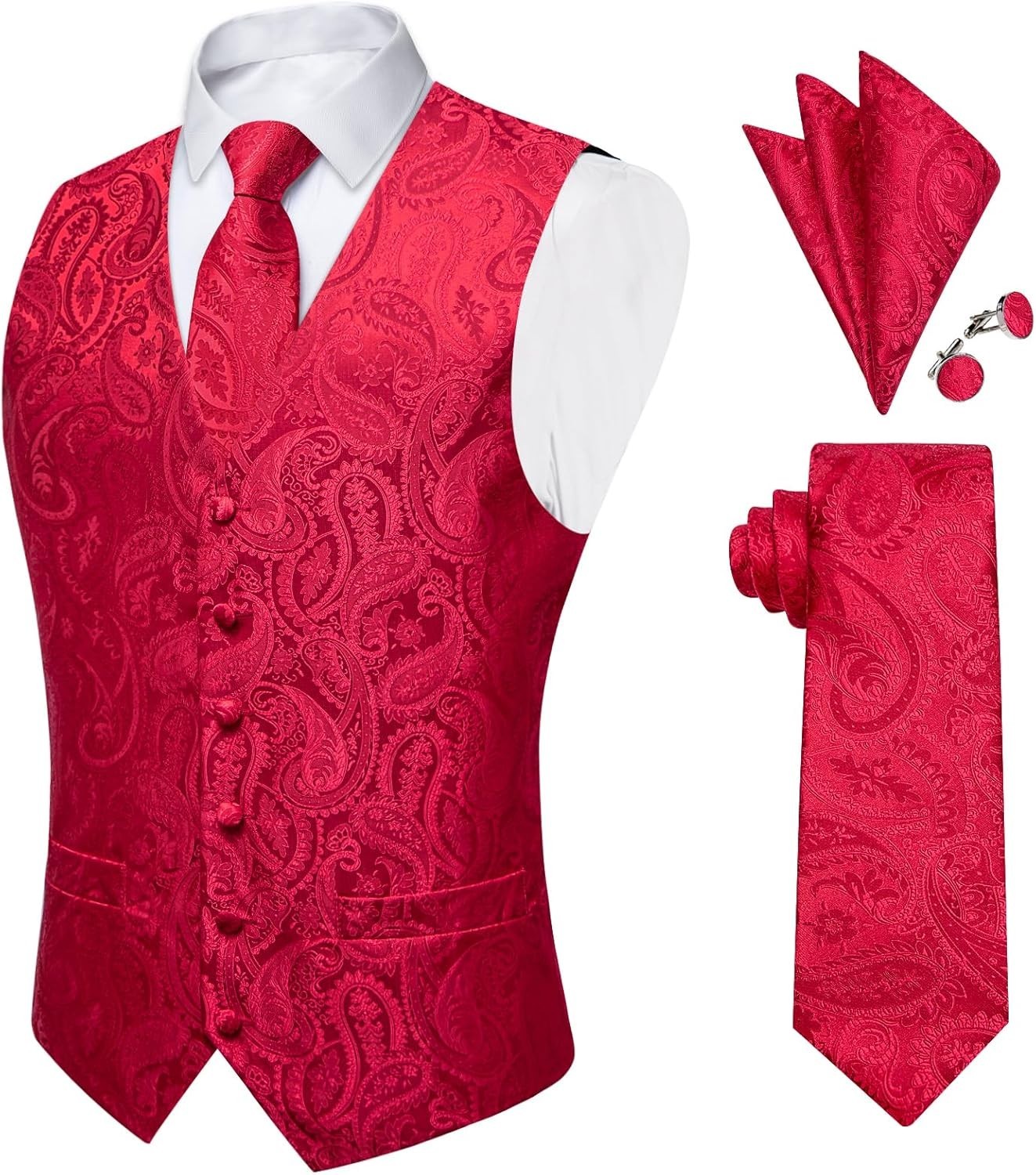 Mens Paisley Silk Vest Tie Pocket Square Cufflinks Set for Wedding Party Formal