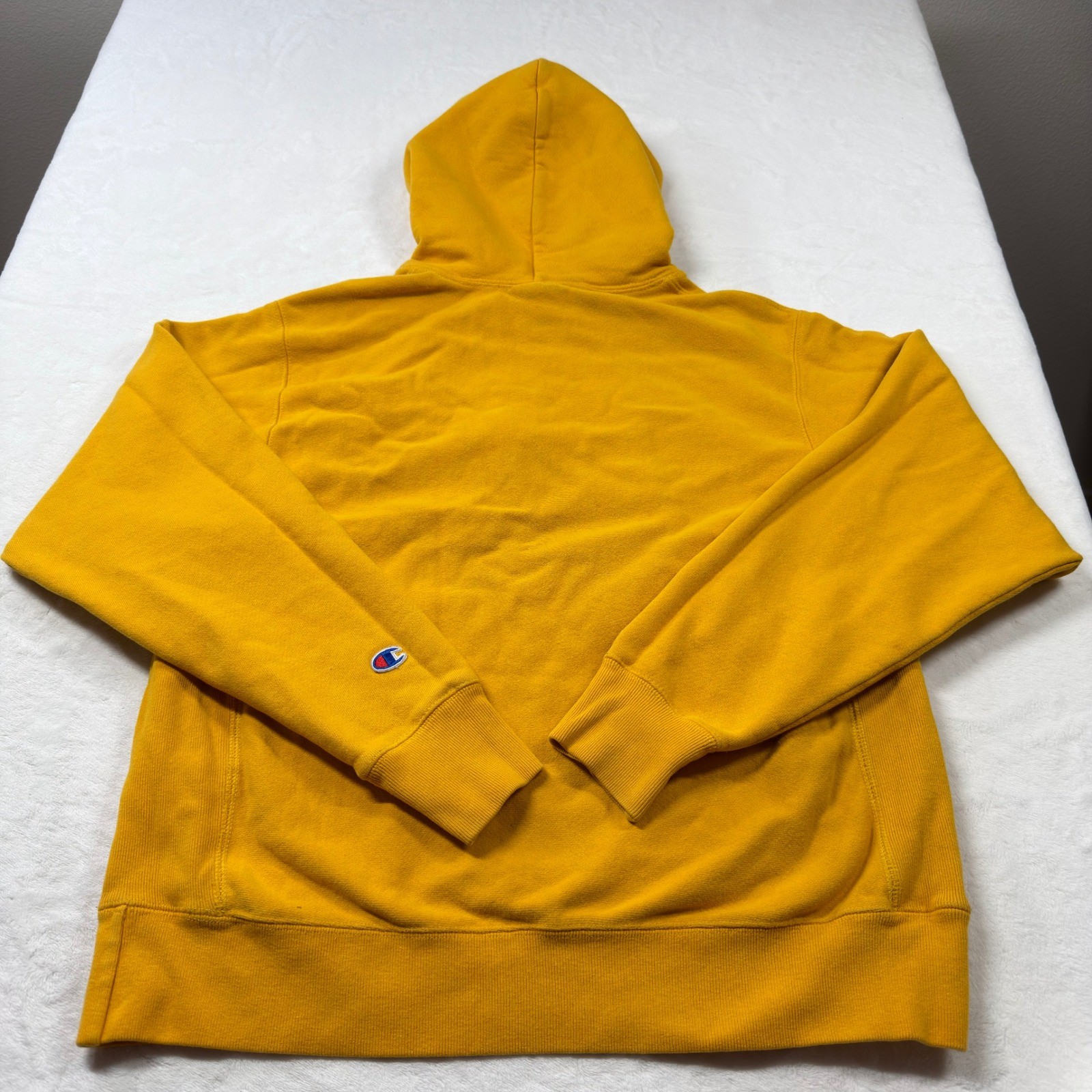 Champion Reverse Weave Hoodie Mens Medium Gold Yellow Good Script Logo GF68 BYC