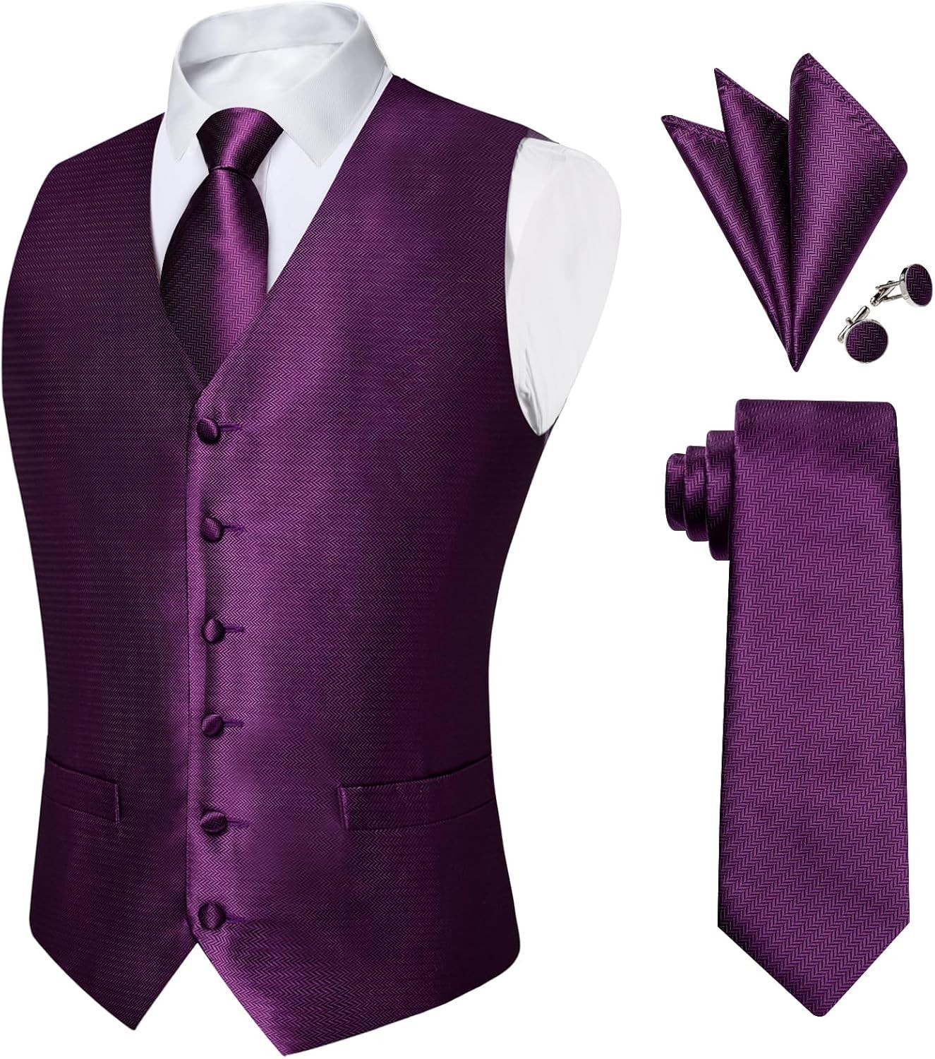 Mens Paisley Silk Vest Tie Pocket Square Cufflinks Set for Wedding Party Formal