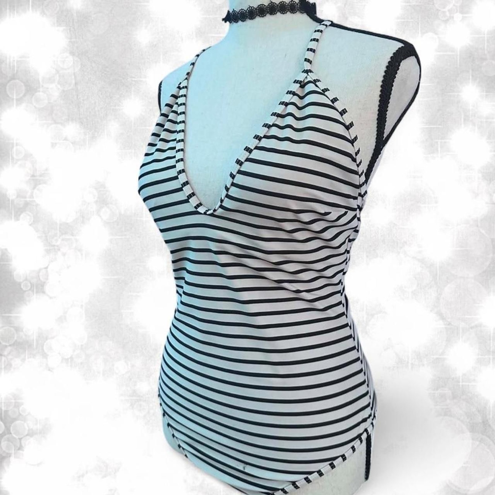 Gothic Style One Piece Black and White Striped Halter Top Swimsuit