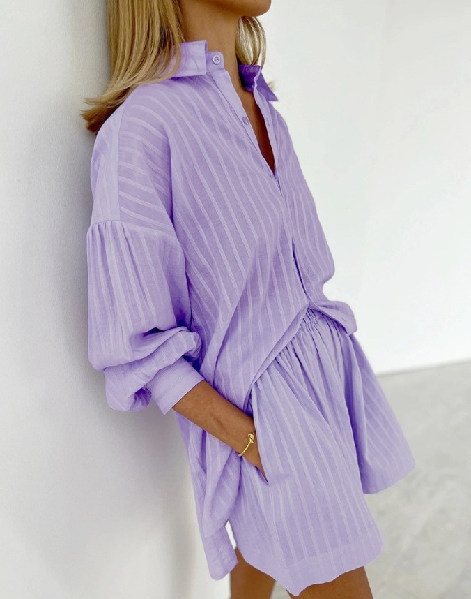 Women Striped 2 Piece Outfit Long Sleeve Button Down Shirt + Casual Short Set