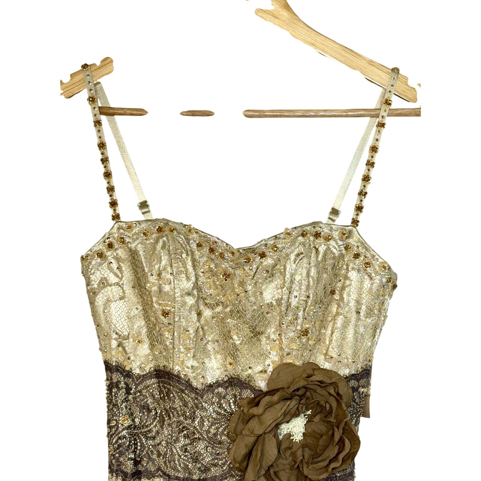 NWT Mandalay Champagne Gold Lace Beaded Sequin Long Mermaid Evening Gown Size 8