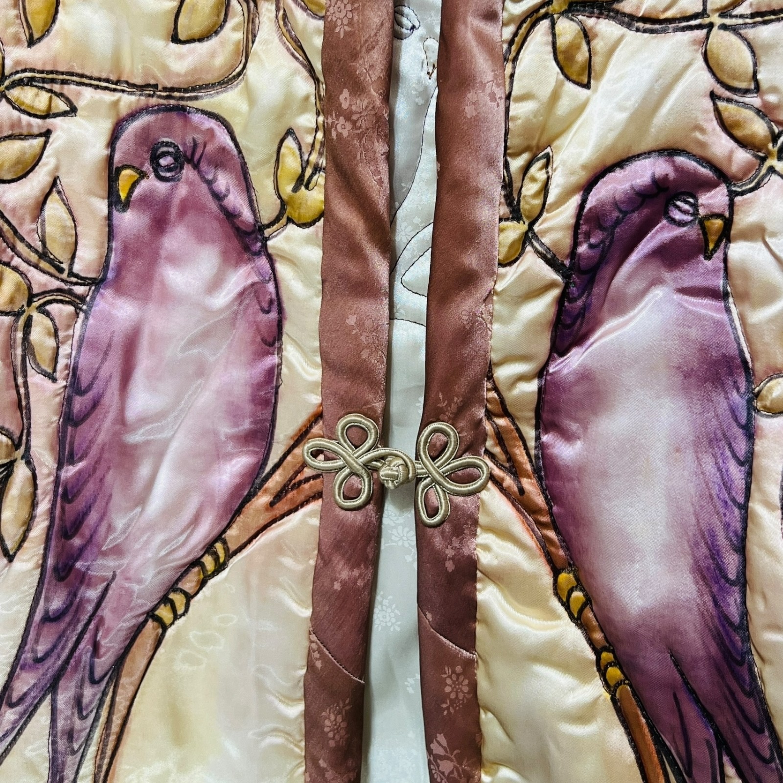 VTG Valery Guignon Hand Painted Silk Quilt Jacket Sz M Wearable Art Birds Signed