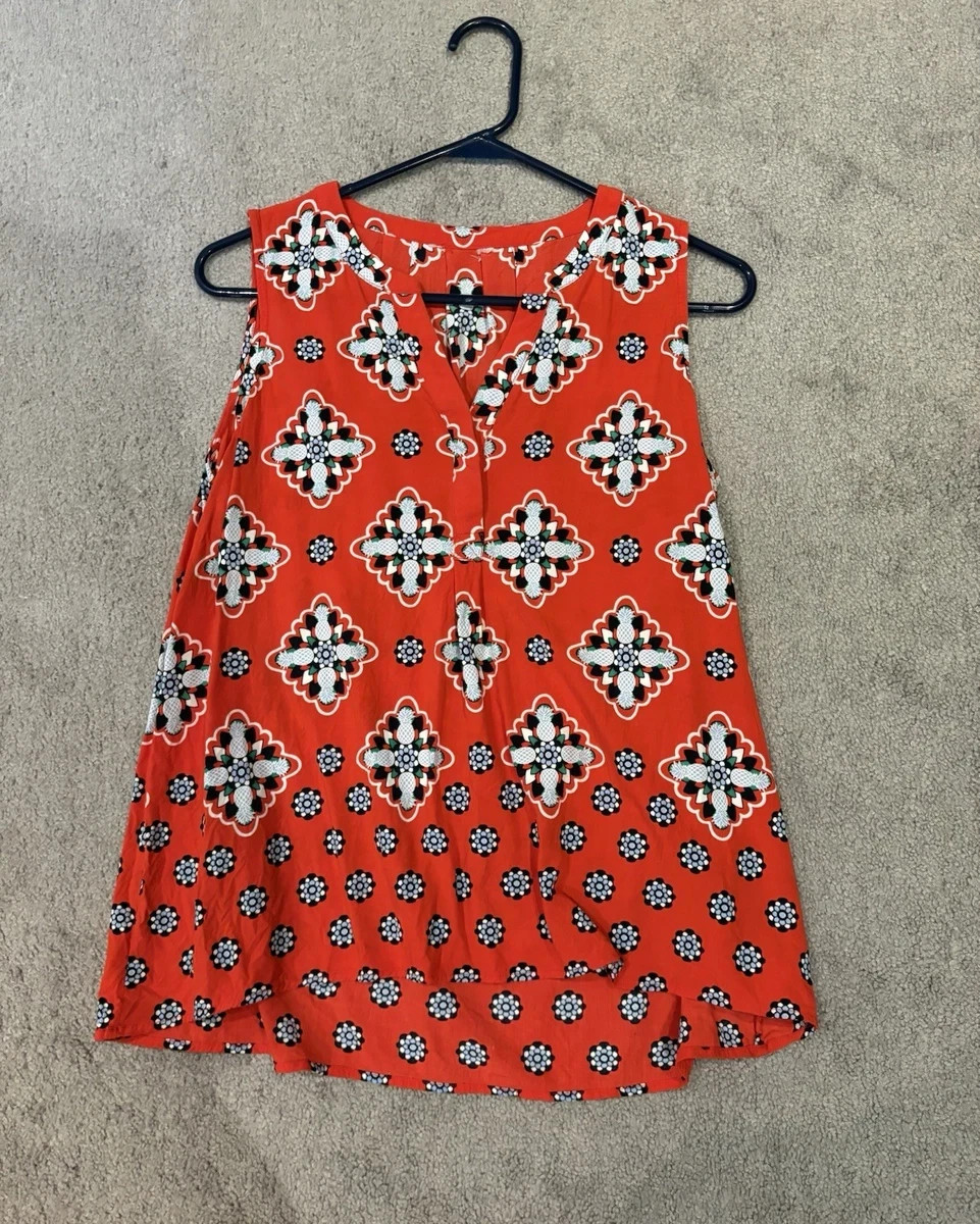 Women’s Red Geometric Print Tank Top, Sleeveless V-Neck Pullover, Medium
