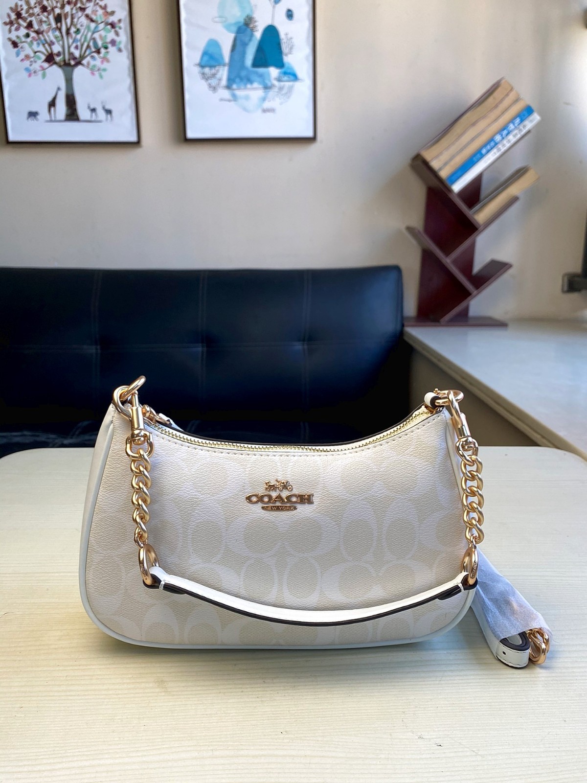Coach Teri 2Way Shoulder Bag CA548 Signature Canvas White Smooth Leather Outlet