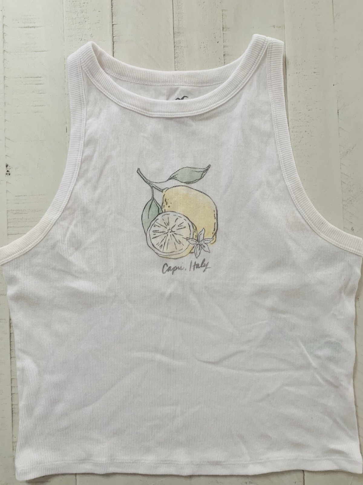 Hollister White Ribbed Knit Cropped Tank Lemon Graphic Capri Italy Size L