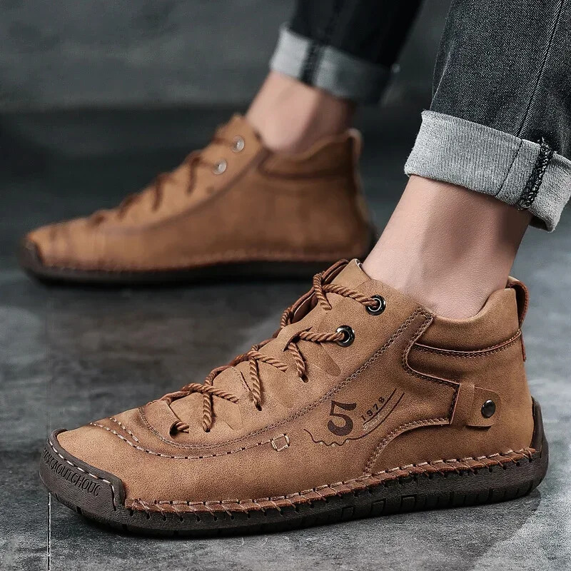 Men Hand Stitched Leather Walking Shoes Lace Up Non Slip Casual Outdoor Sneakers