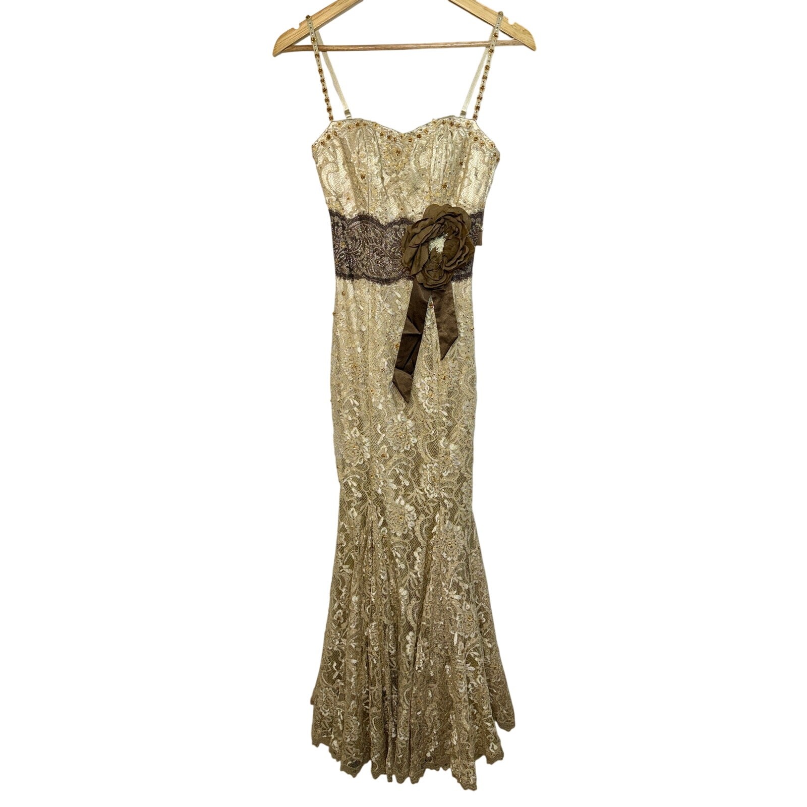 NWT Mandalay Champagne Gold Lace Beaded Sequin Long Mermaid Evening Gown Size 8
