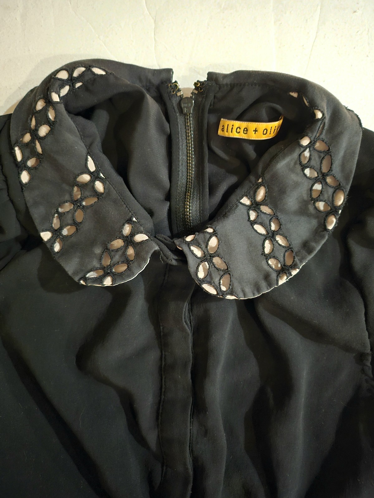 Alice + Olivia Black Peter Pan Collar Eyelet Mini Dress