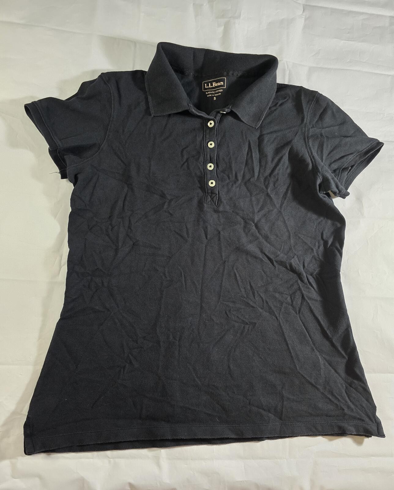 LL Bean Womens Short Sleeve Polo Shirt Black Slightly Fitted Pique Size S