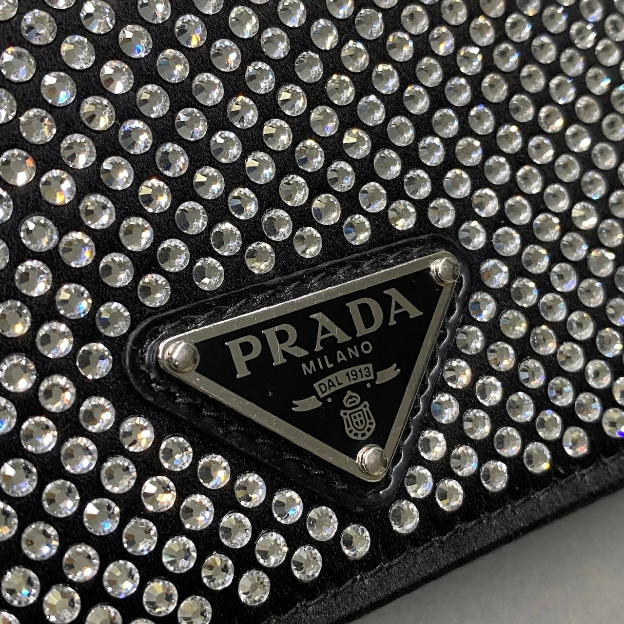 PRADA Rhinestone Flap Card Holder Mini Bag Black Silver ta1