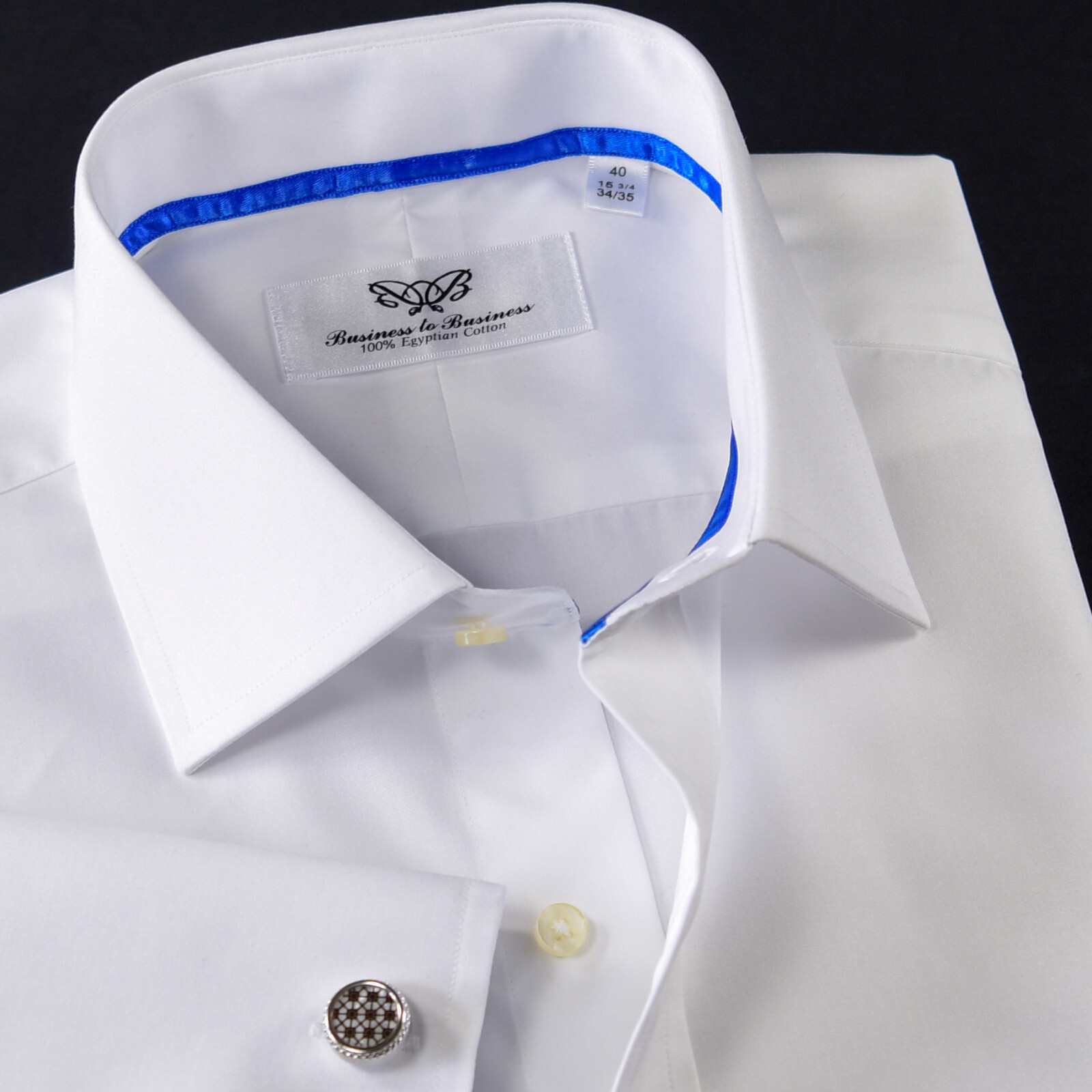 White Poplin 2-Ply 80’s Professional Formal Event Dress Shirt With Blue Trim Top