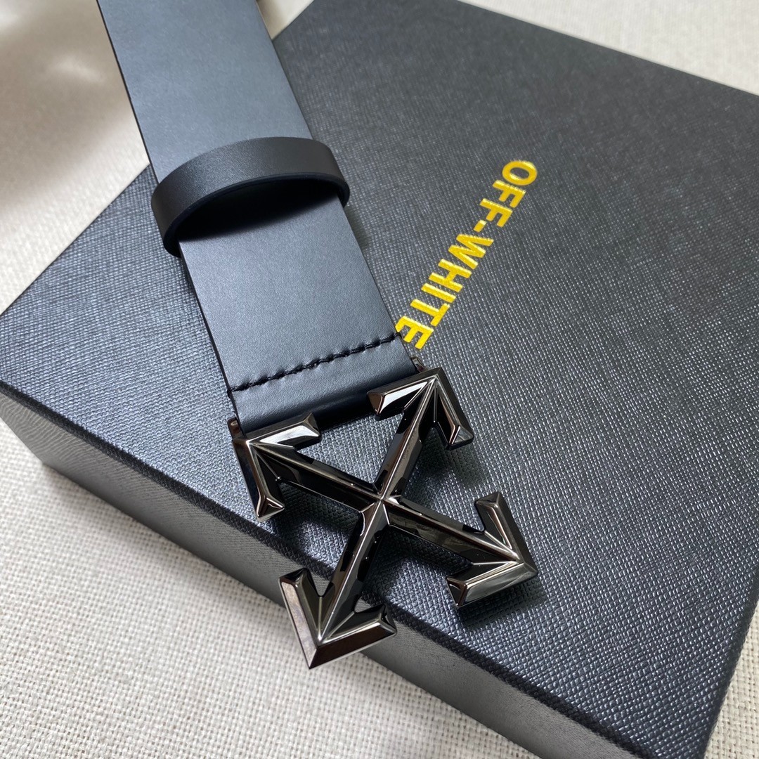 Authentic Off-White Men’s Leather Belt 3.8cm/1.5″ Width Dark Black/New