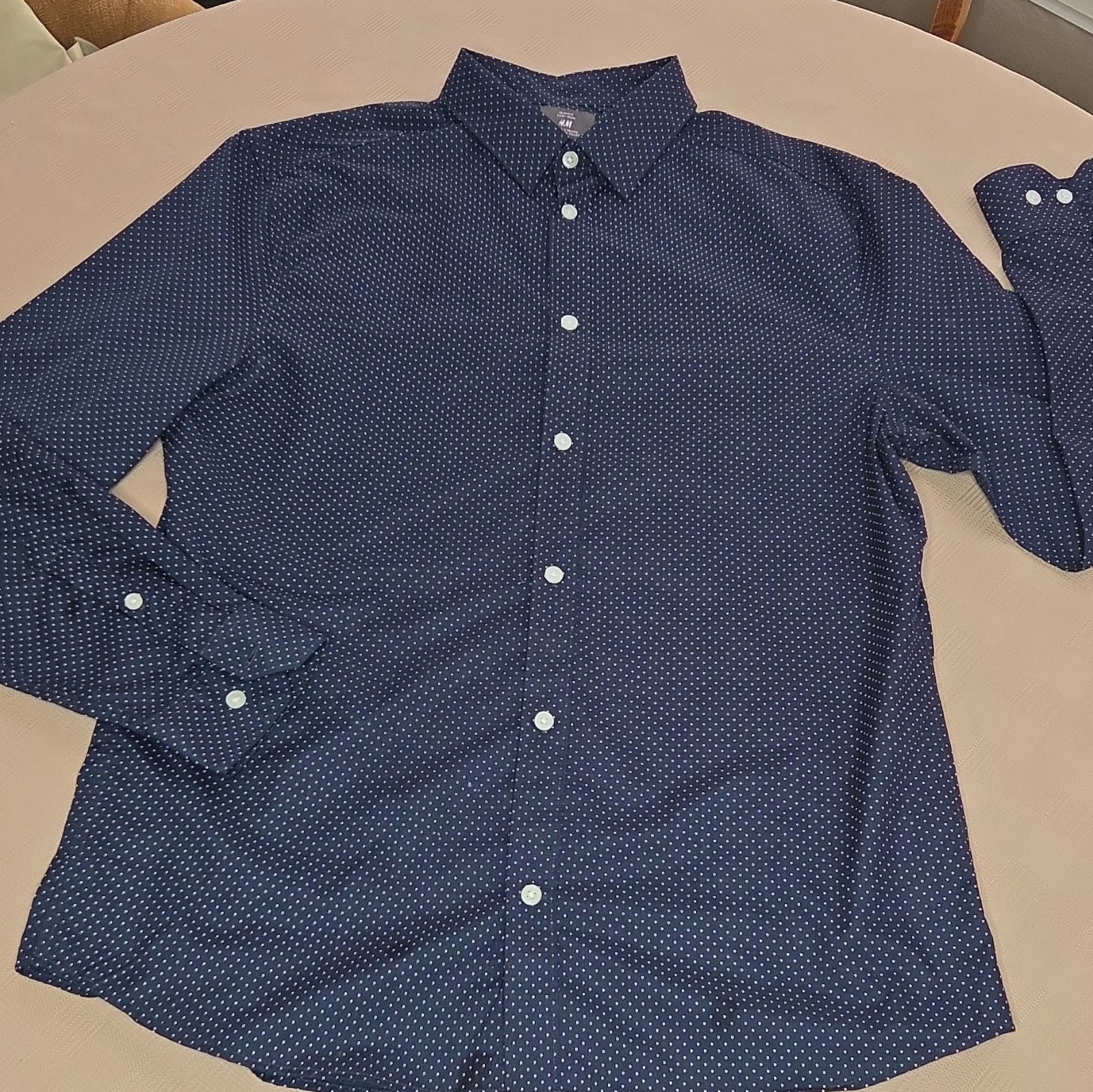 H&M Slim Fit Easy Iron Blue/White Polka Dot Dress Shirt L 32/33