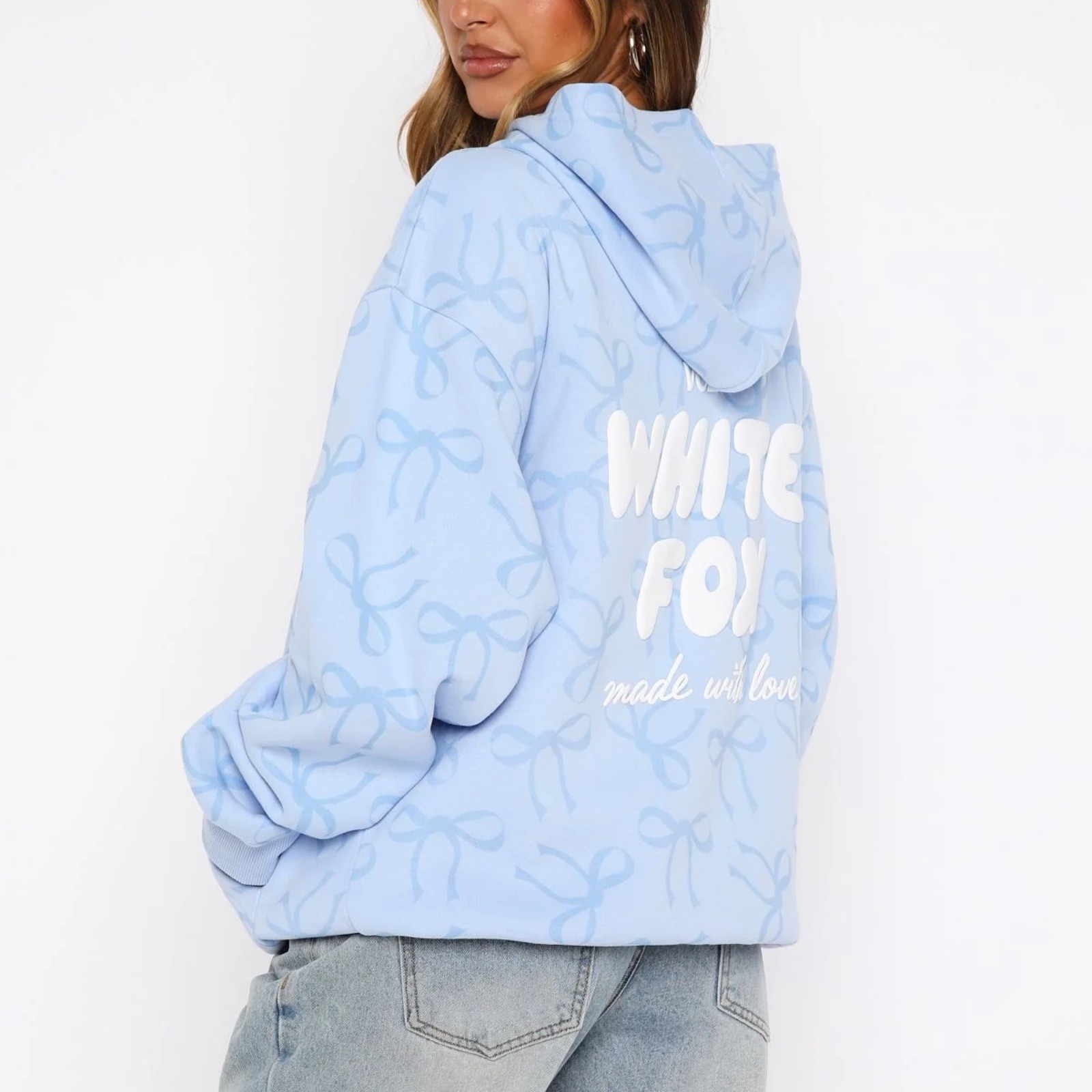 NWT White Fox Vol.1 Hoodie Offstage Printed Oversized Hoodie Blue Bow EXDAL22674