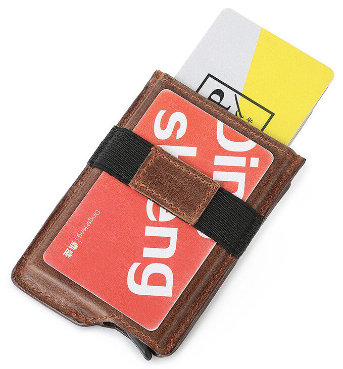 Genuine Leather Slim Minimalist Wallet for Men,RFID Aluminum Pop Up Card Holder