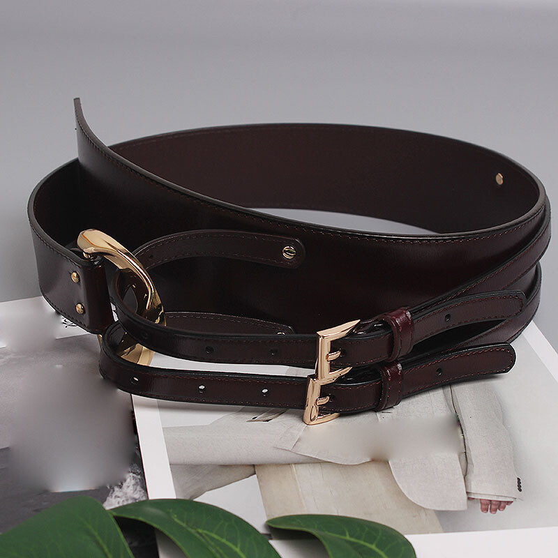 Women Cowhide Leather Corset Belt Double Prong Buckle Wide Decorative Waistband