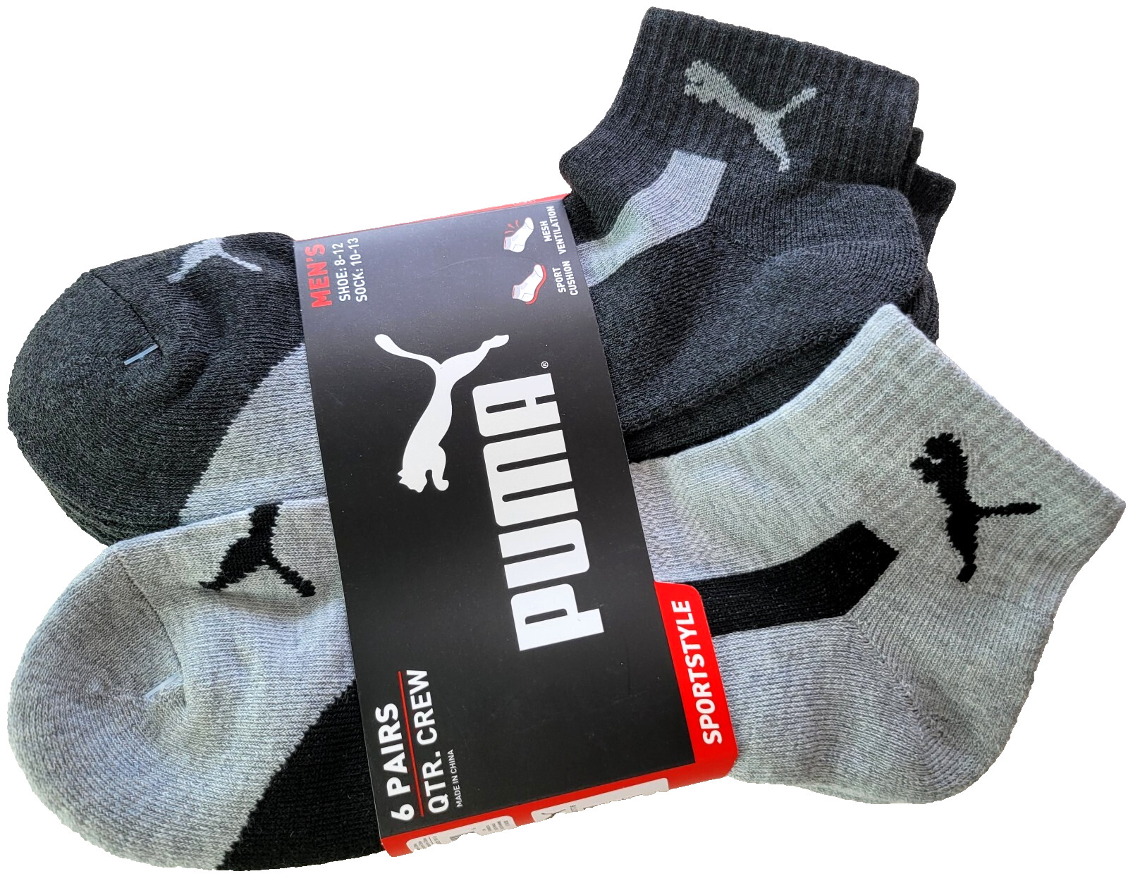 Puma Men’s Quarter Crew Socks 6 Pack L Black Gray Half Terry Sportstyle Cushion