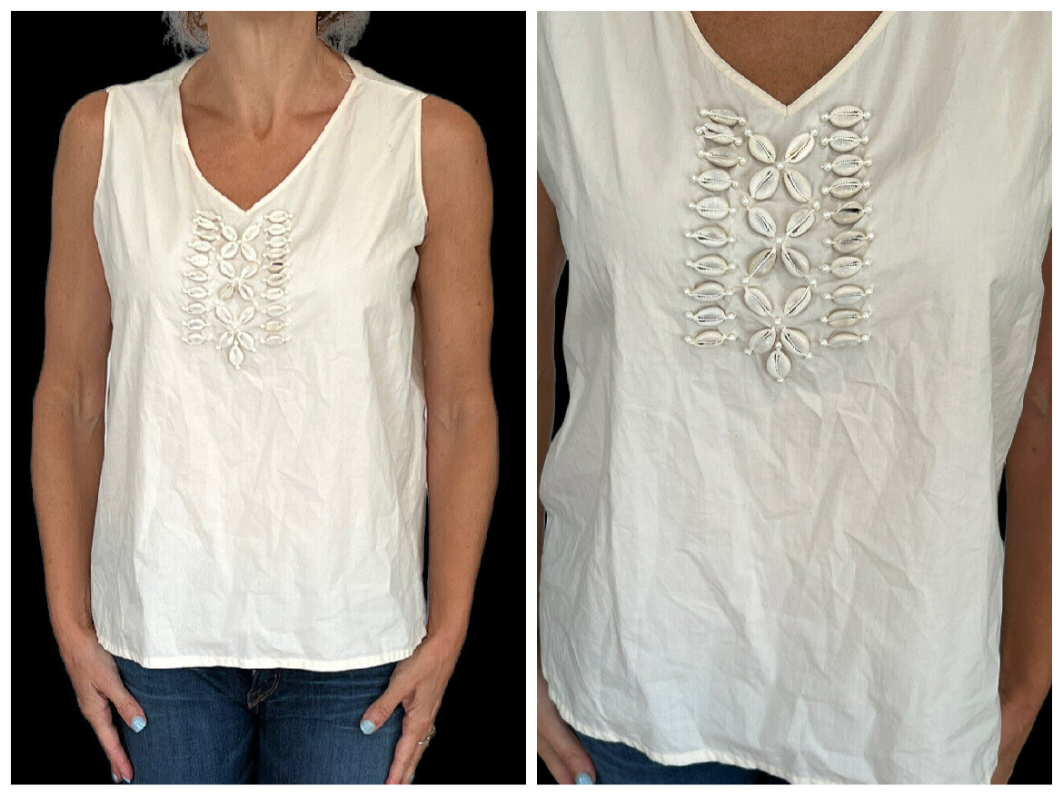 MOSCHINO Cheap & Chic Beige Sleeveless V Neck Blouse Top Embellished Shells 10