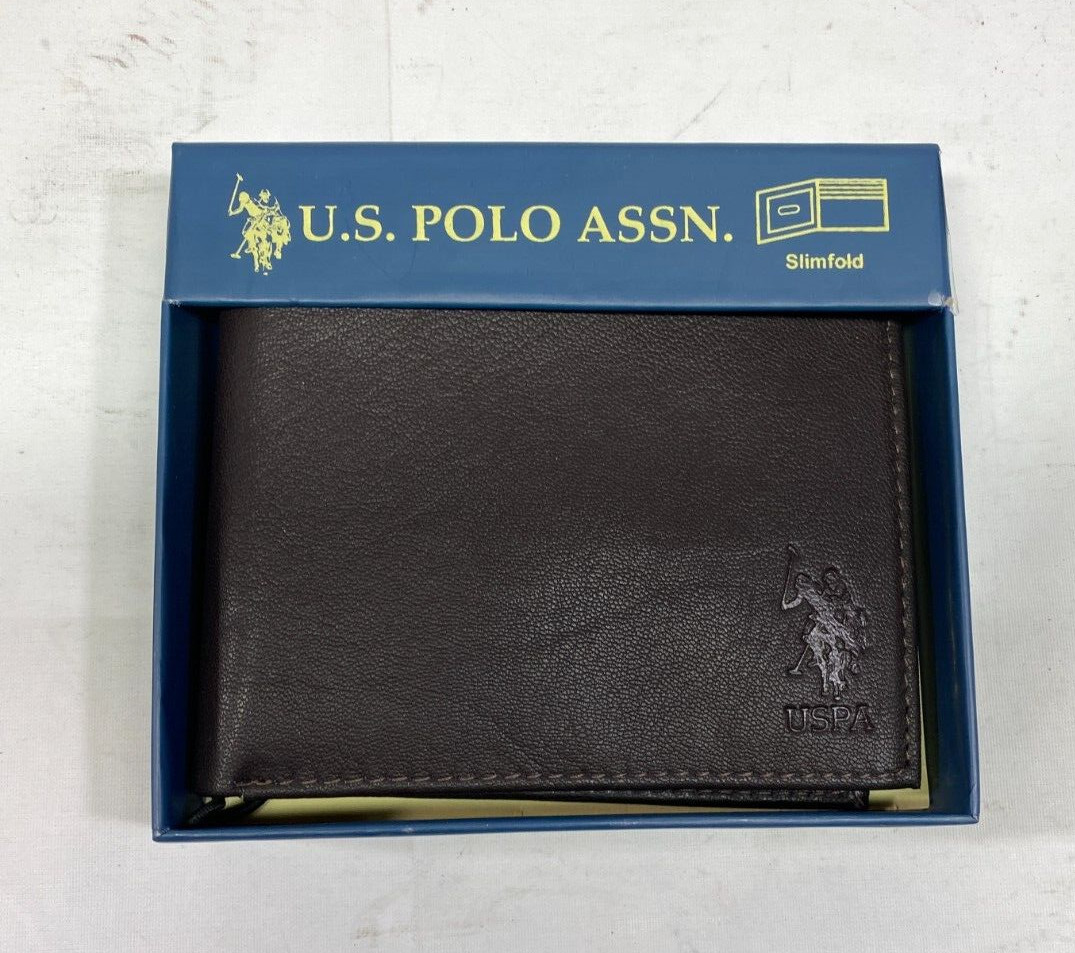 US POLO ASSN Brown Leather Slim Fold Wallet Men’s