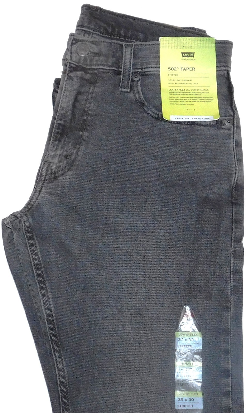 LEVIS 502 Taper Jeans Stretch Flex Eco Midrise Regular Through Thigh $75 Grey