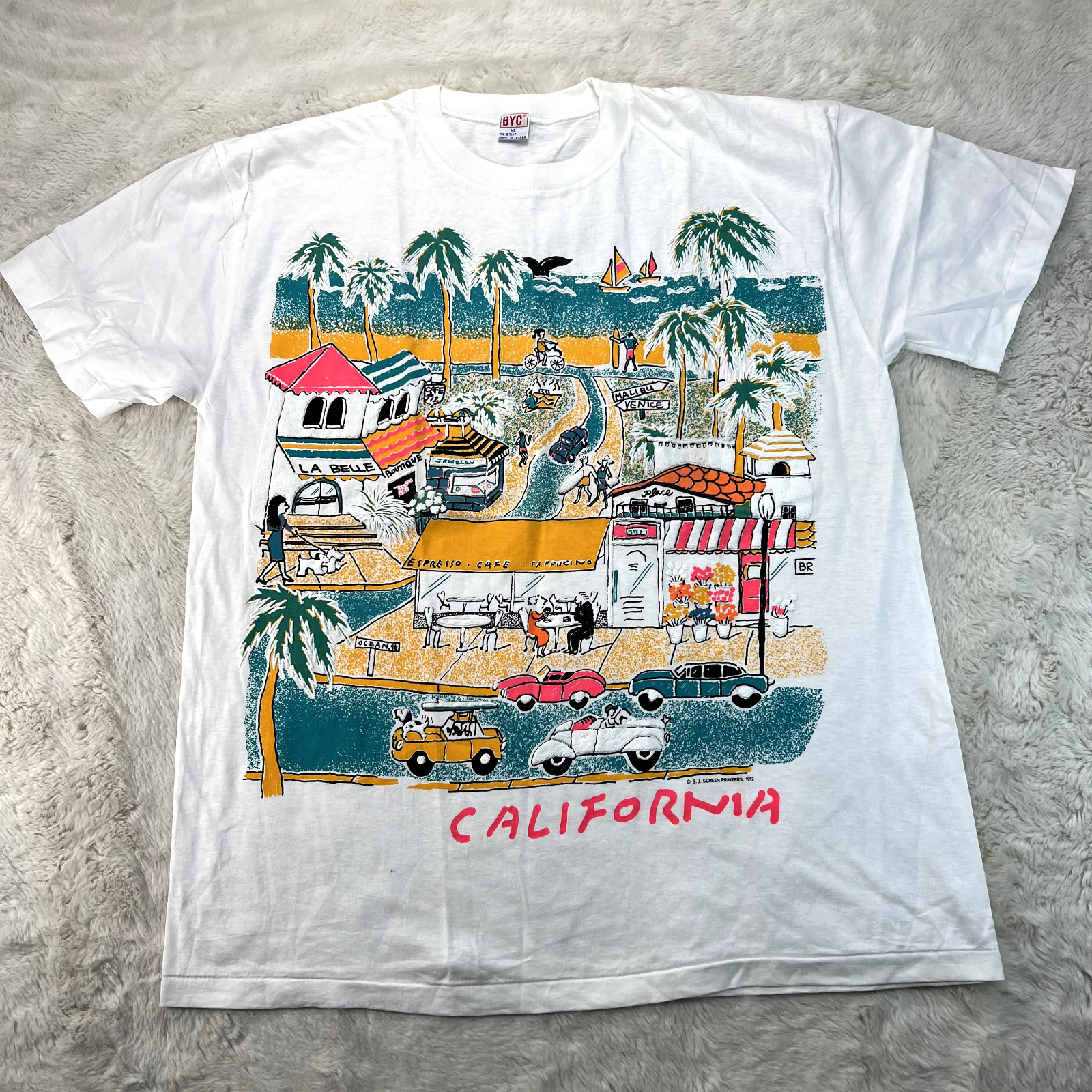 Vintage J. Screen Printers 1992 Mens XL White Venice Malibu California T-Shirt