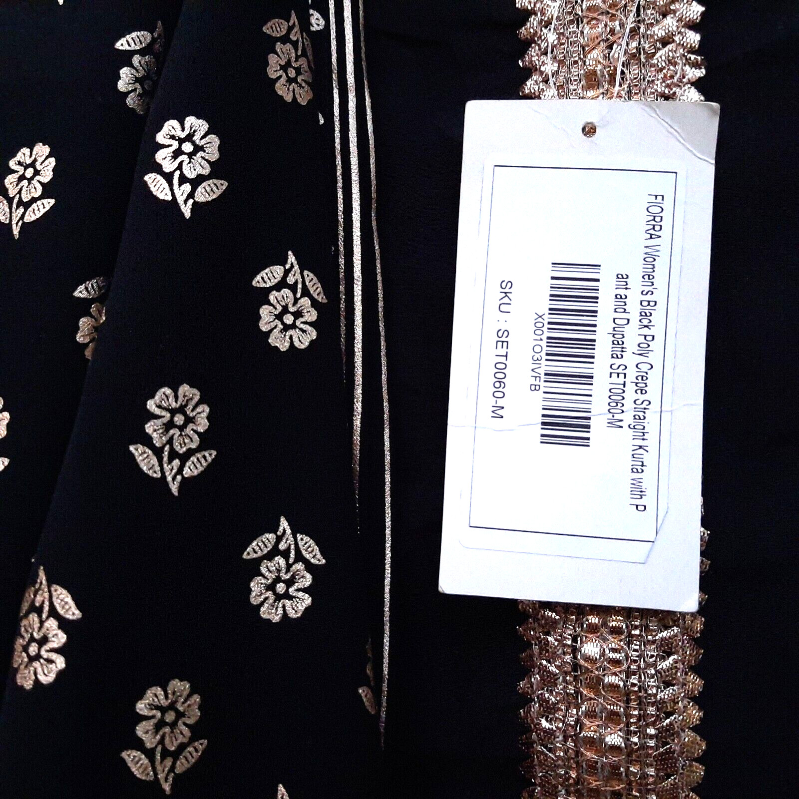 Fiorra Black Poly Crepe Sraight Kurta w/ Pant & 2 Dupatta Set M Black , Gold