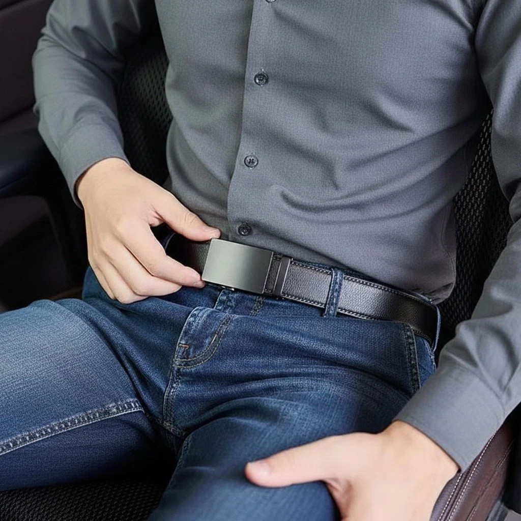 Genuine Leather Men’s Ratchet Belt Belts For Men Adjustable Automatic Buckle