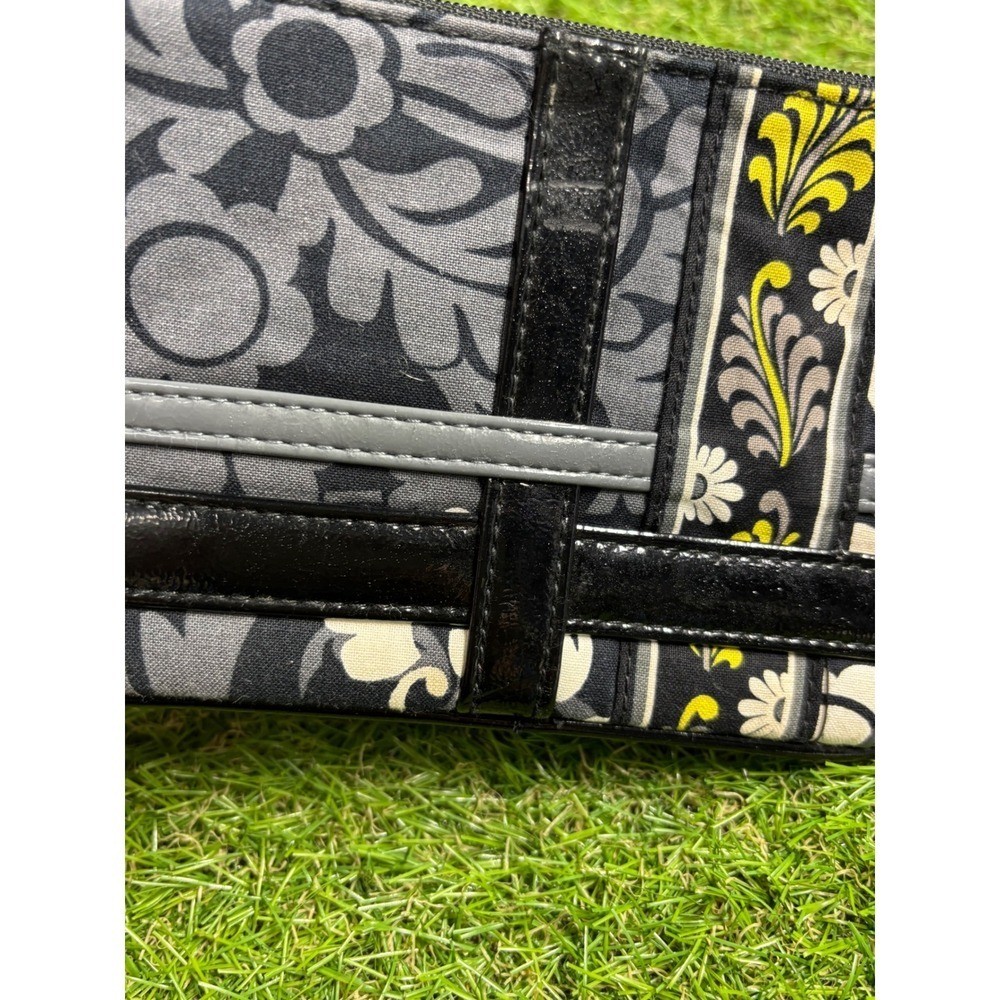 Womens Black Floral Print Wristlet Pouch with Ring Handle and Yellow Accents